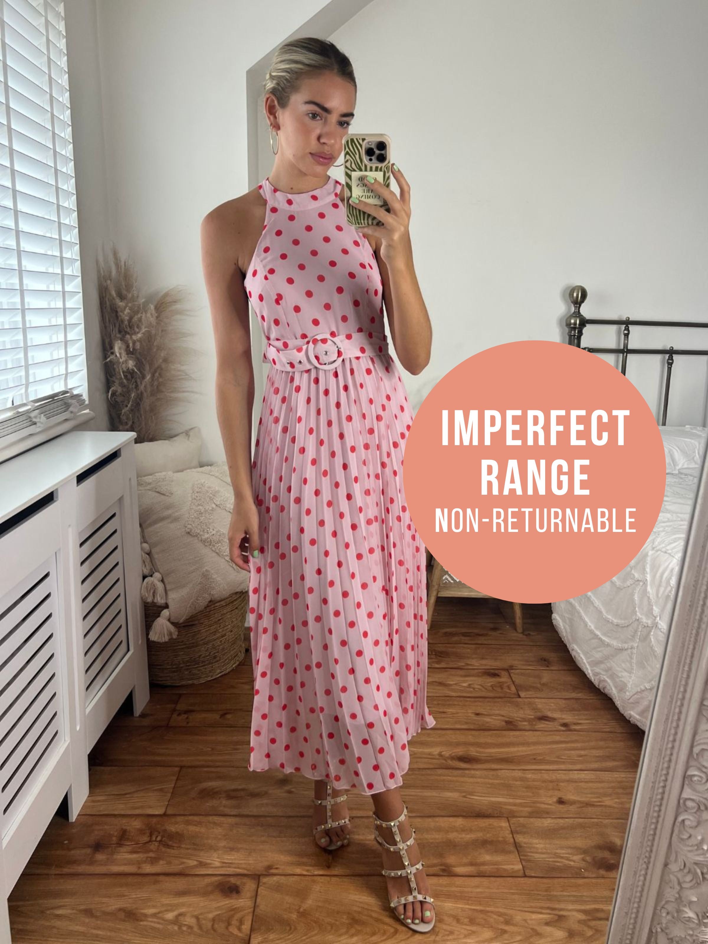 IMPERFECT Luisa Belted Pleated Maxi Dress / Pink And Red Spot Print