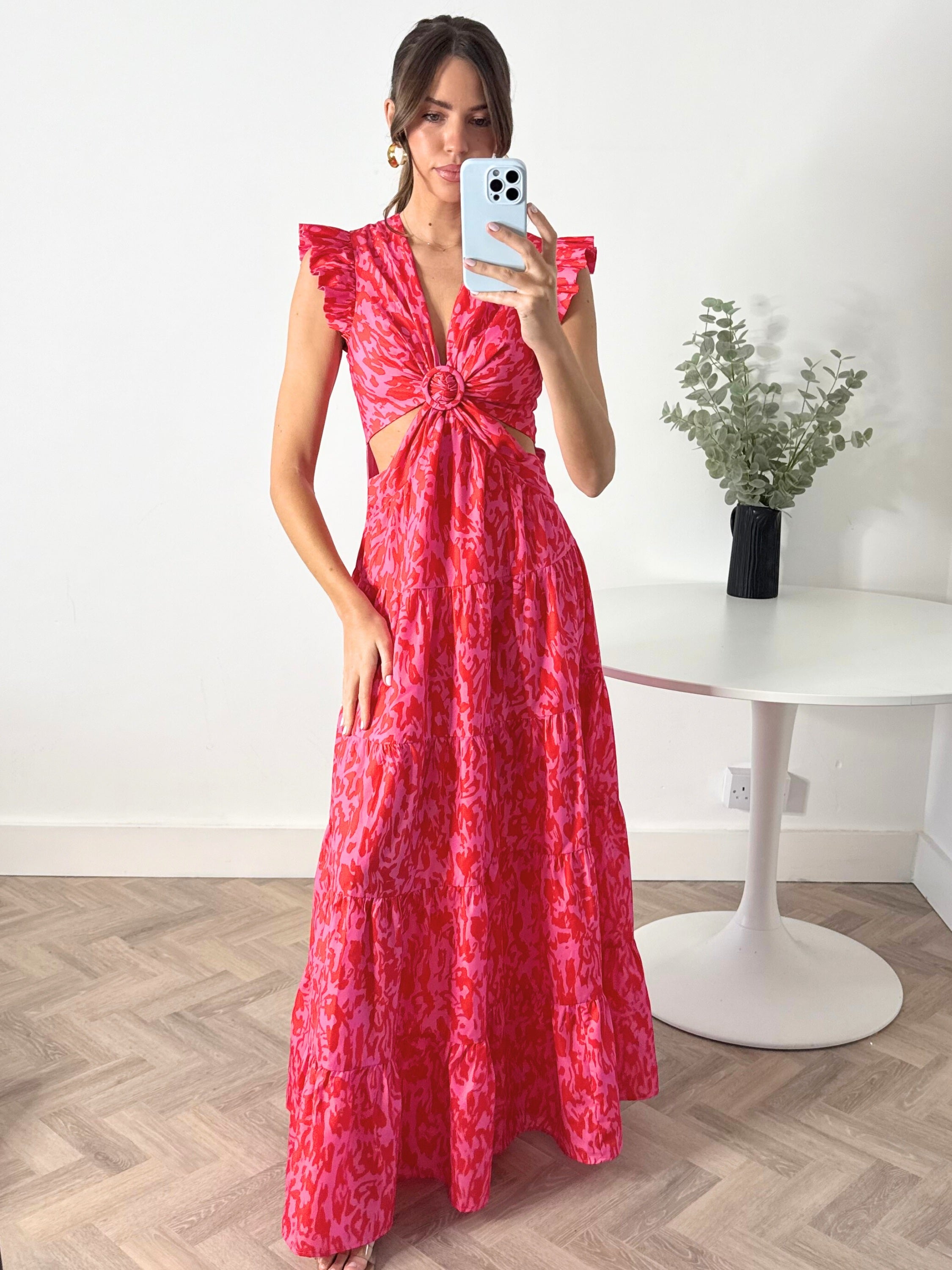 Indie Cut Out Frill Maxi Dress in Red & Pink