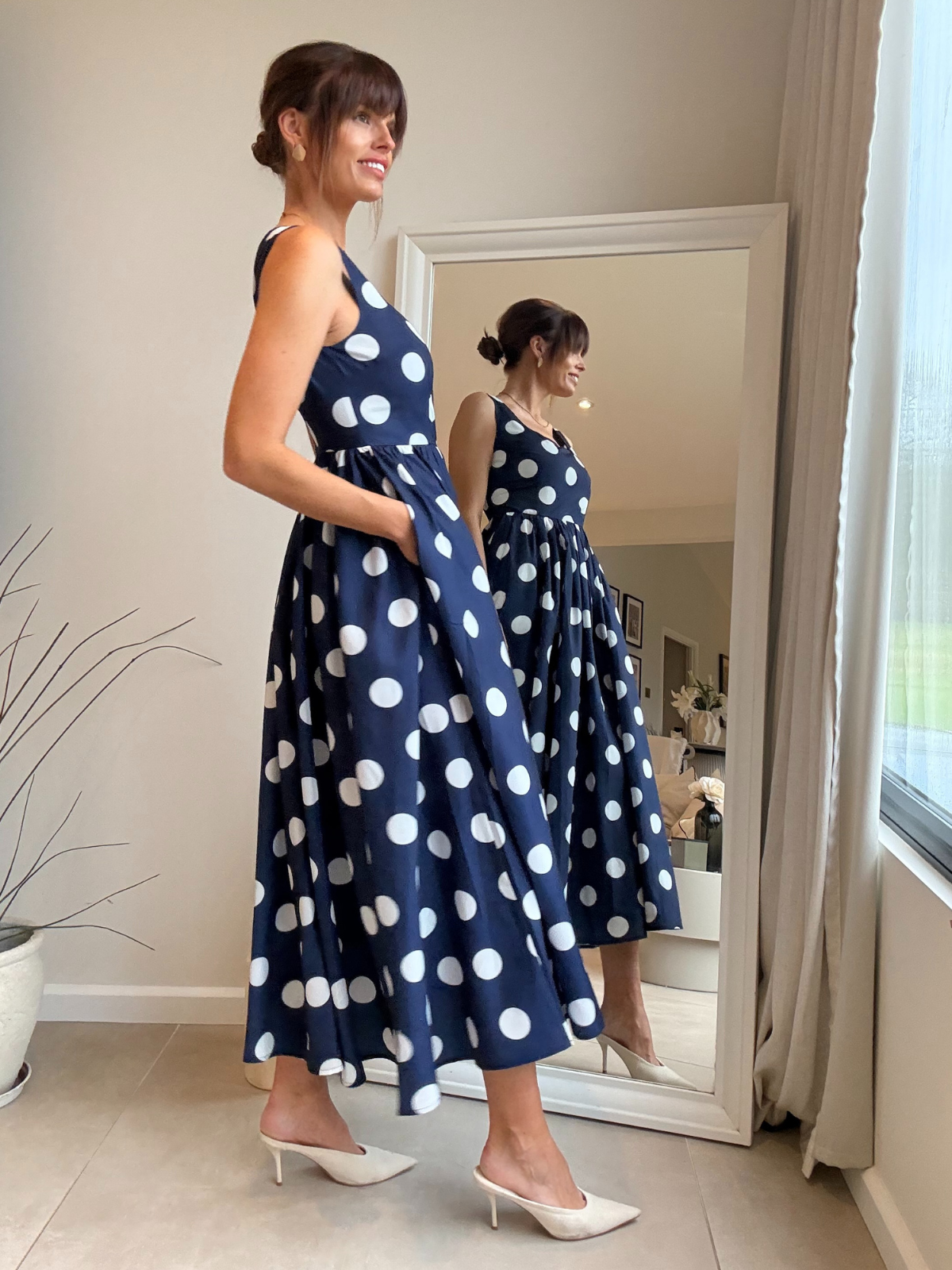 Davica Navy and white Polka Dot Midi Dress