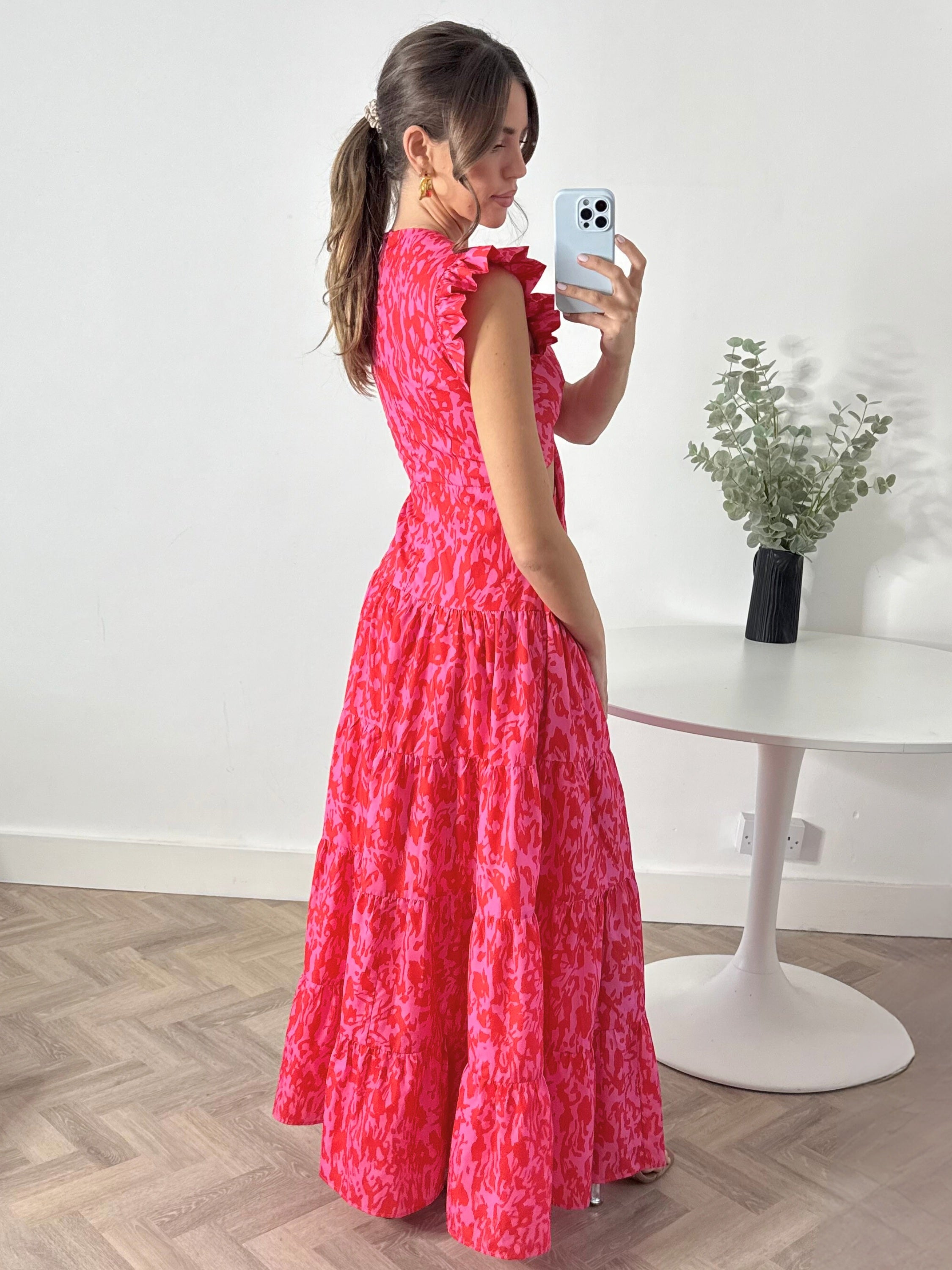 Indie Cut Out Frill Maxi Dress in Red & Pink