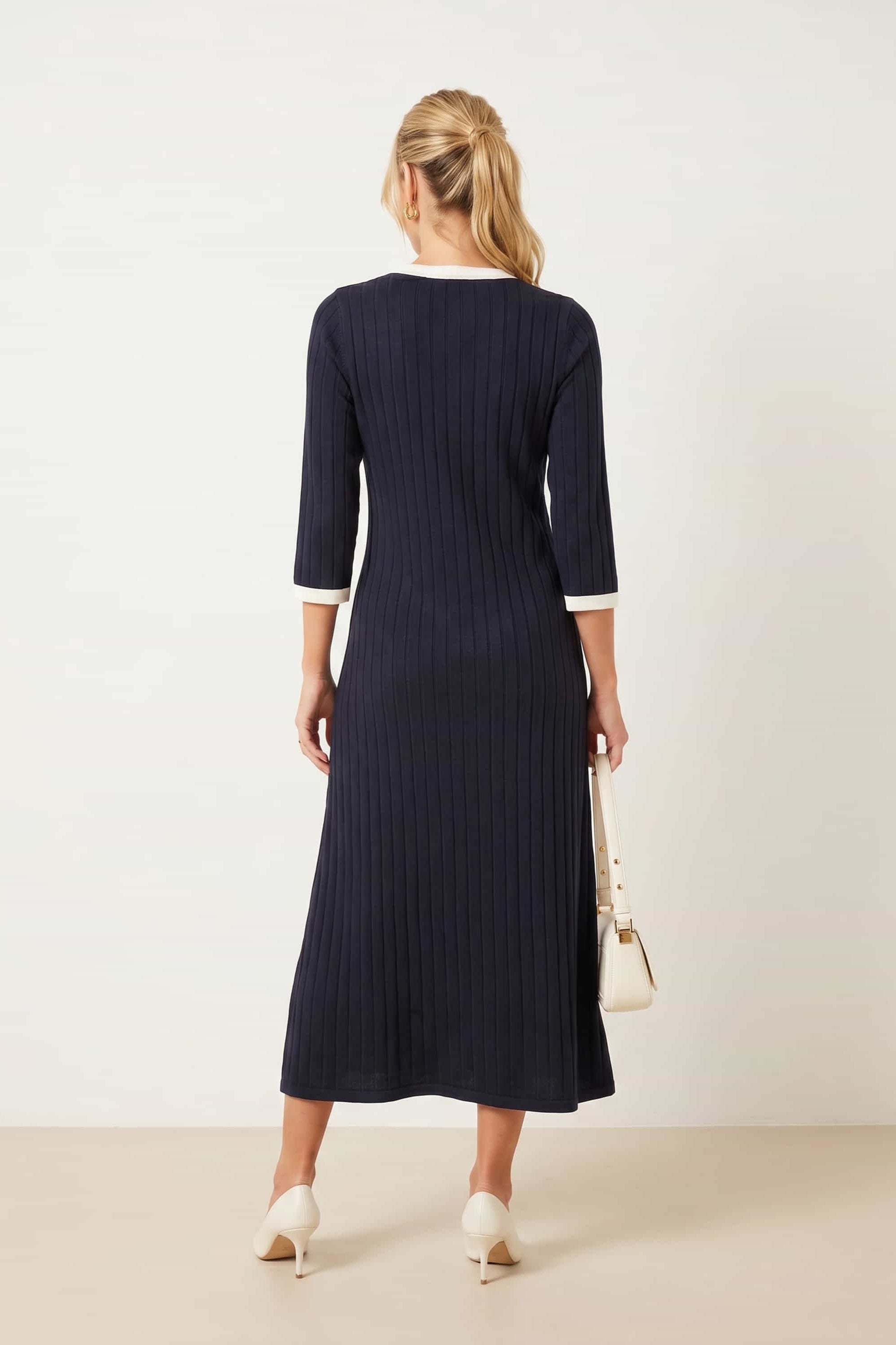 Navy Contrast Ribbed Knit Midi Dress