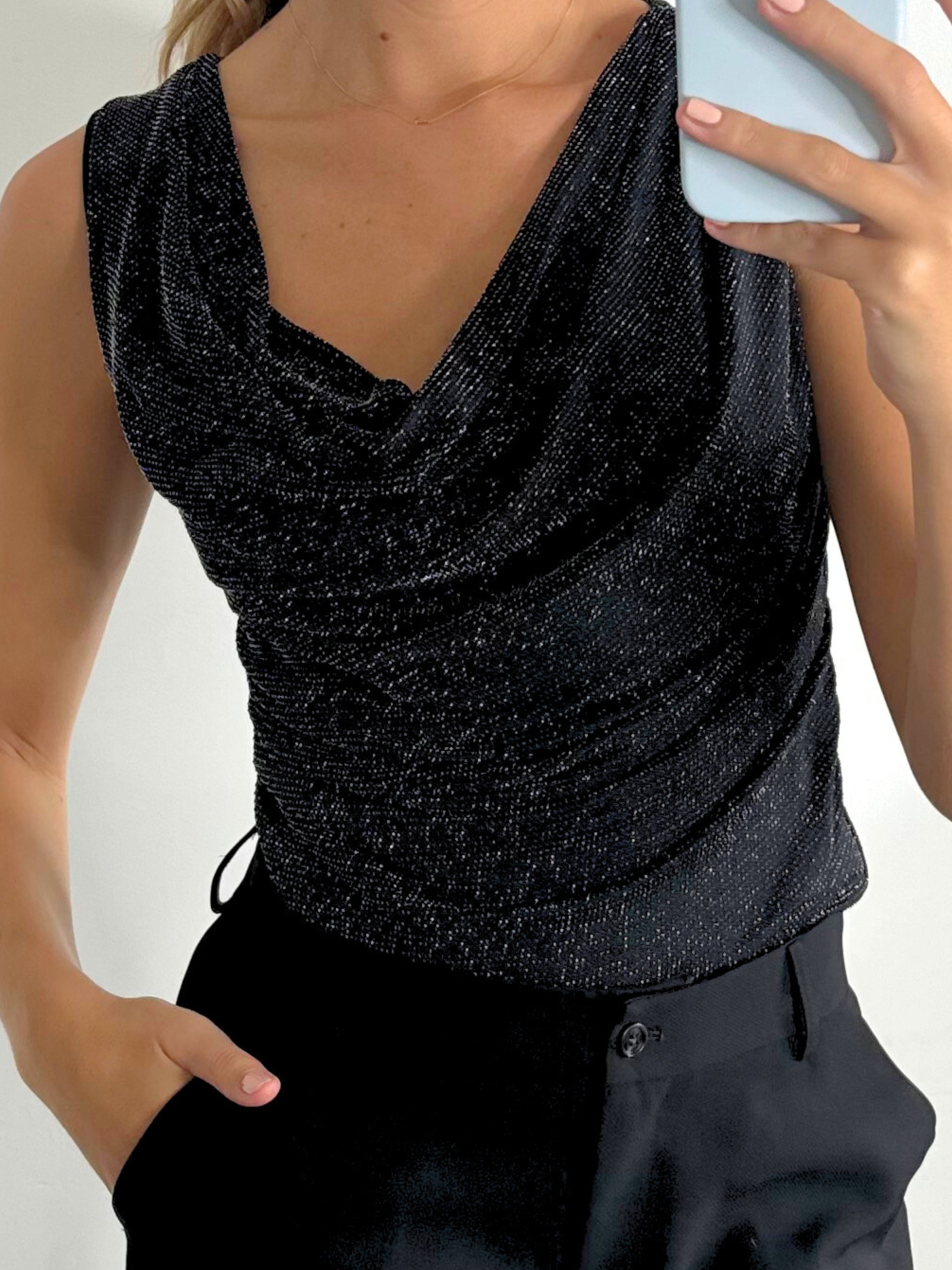 Ashton Metallic Lurex Slinky Top in Black