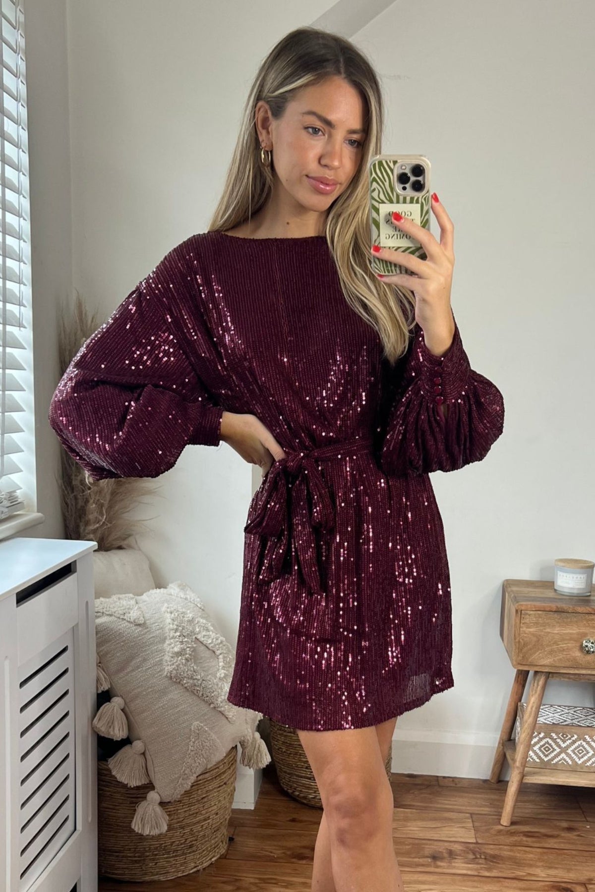 Skylar Balloon Sleeve Mini Dress / Mulberry Sequin