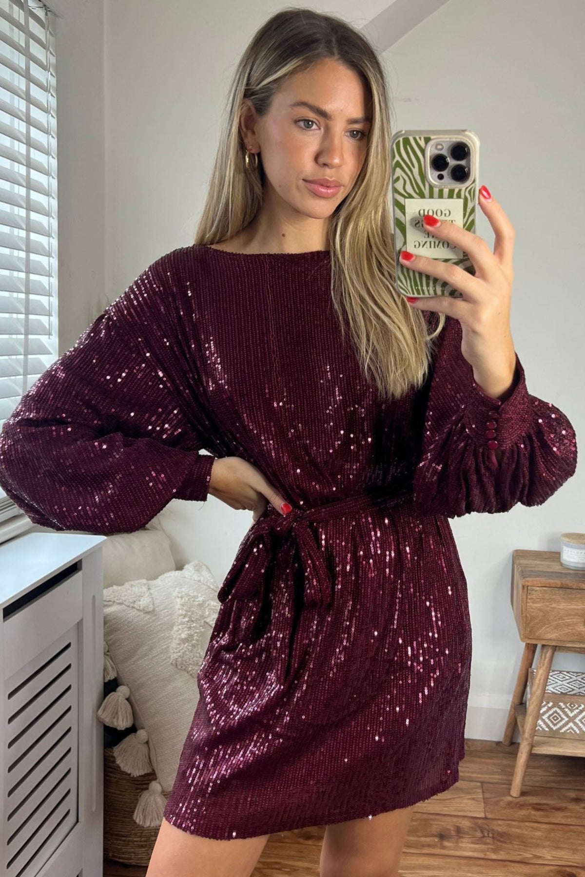 Skylar Balloon Sleeve Mini Dress / Mulberry Sequin