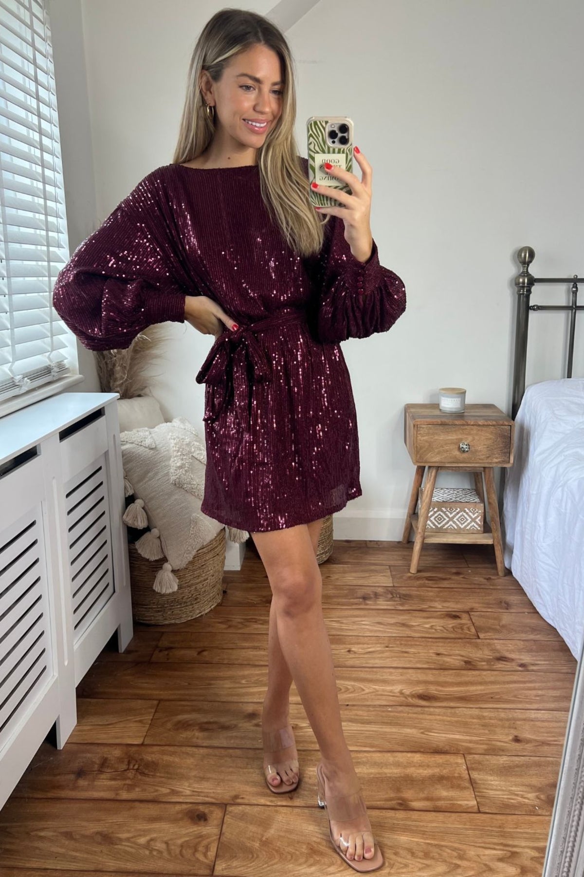 Skylar Balloon Sleeve Mini Dress / Mulberry Sequin