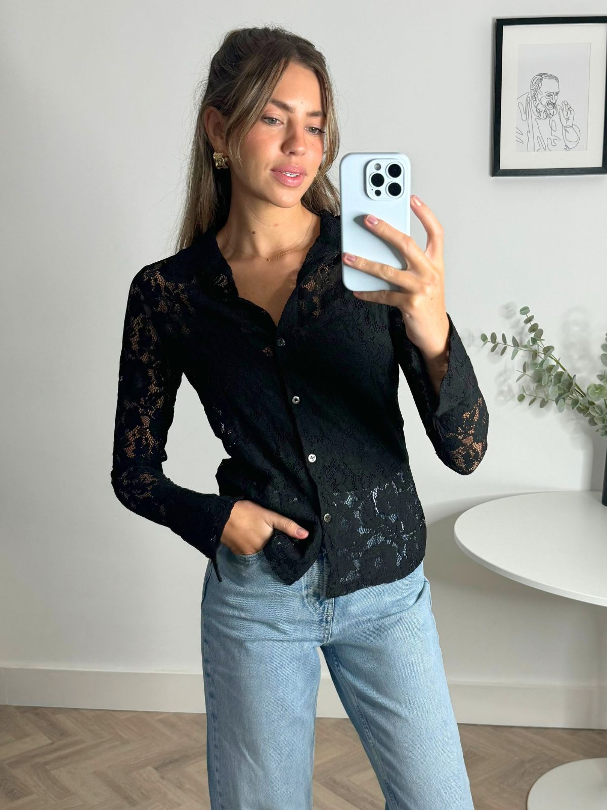 Lana Sheer Lace Shirt in Black