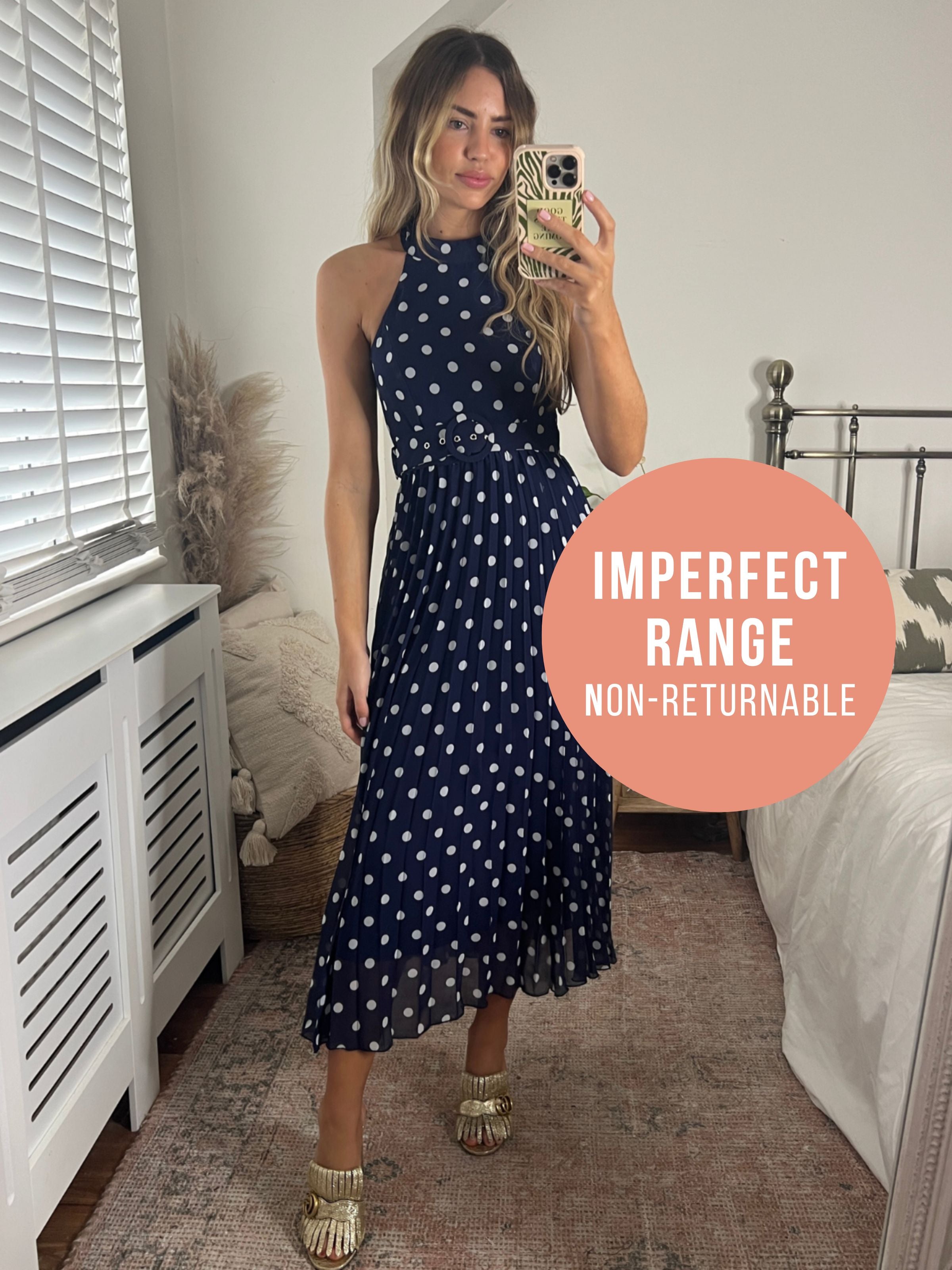 IMPERFECT Luisa Belted Pleated Maxi Dress / Navy And White Spot Print