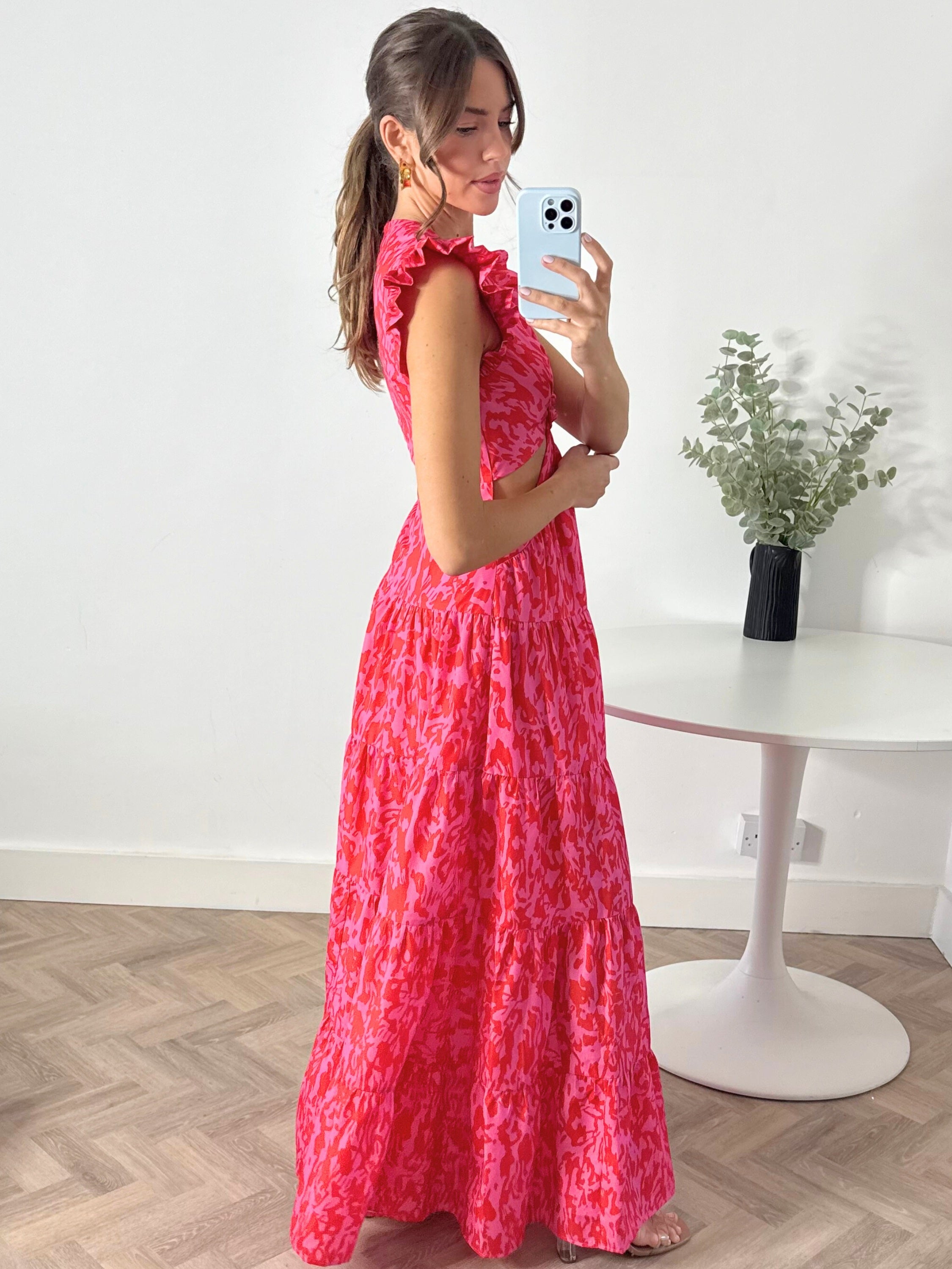 Indie Cut Out Frill Maxi Dress in Red & Pink