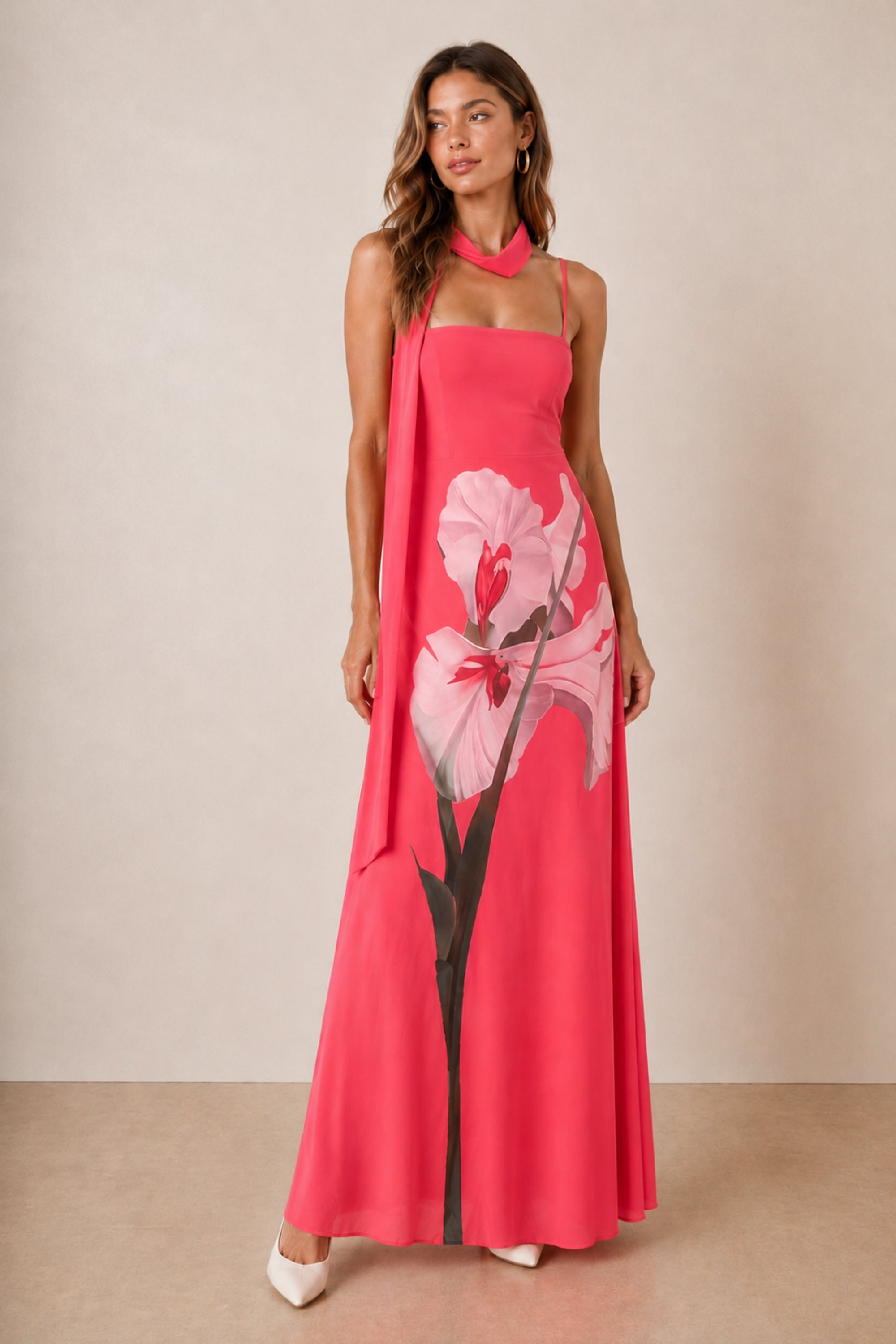 Peony Soft Chiffon Maxi Dress with Scarf in Pink