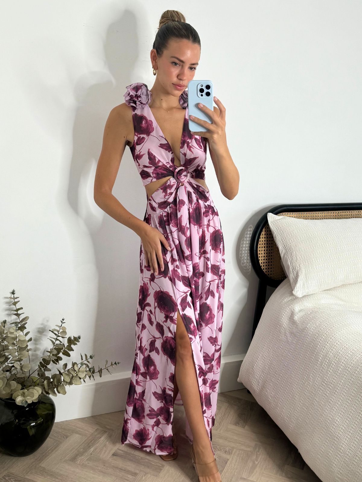 Layla Maxi dress with shoulder corsage / Mulberry