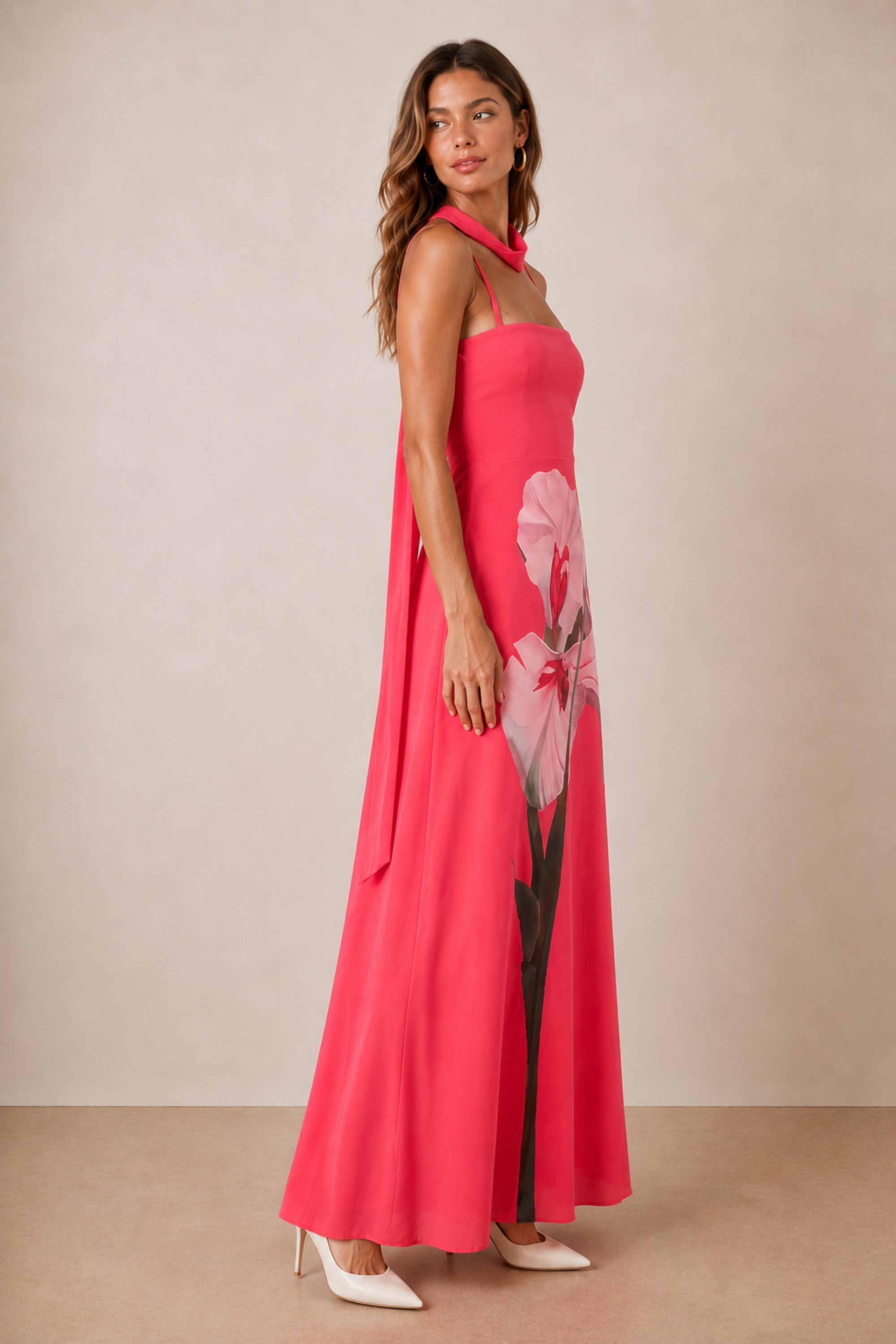 Peony Soft Chiffon Maxi Dress with Scarf in Pink