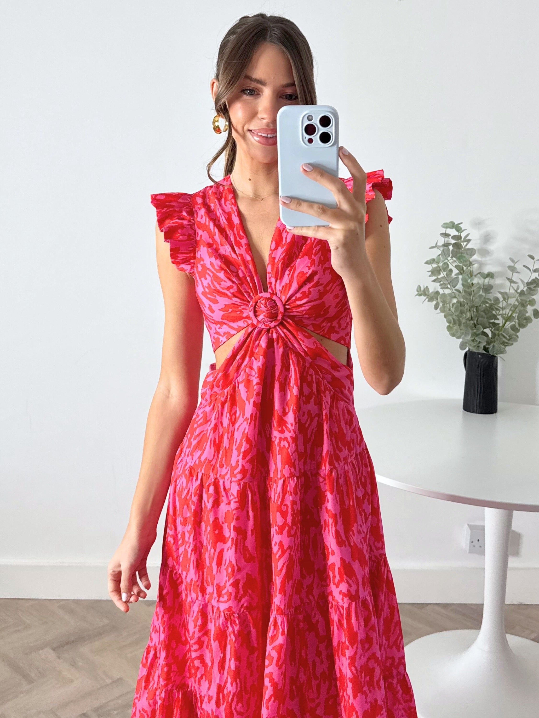 Indie Cut Out Frill Maxi Dress in Red & Pink