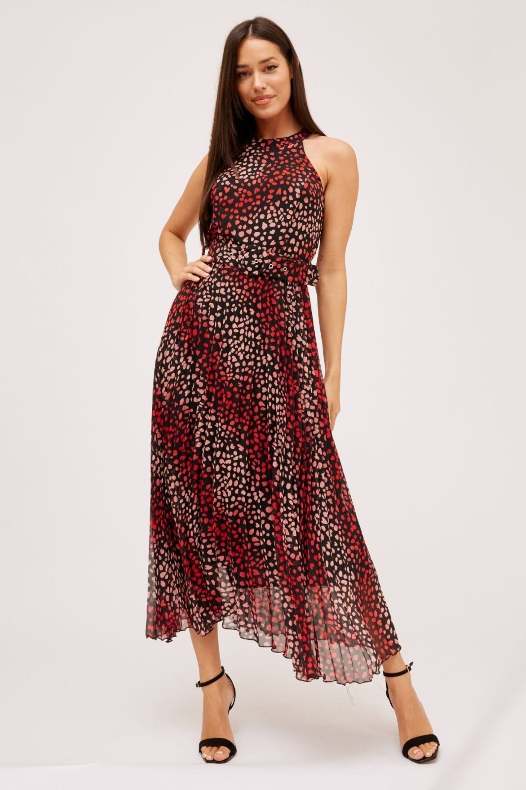 Luisa Belted Pleated Maxi Dress / Multi Black Heart - Style Cheat
