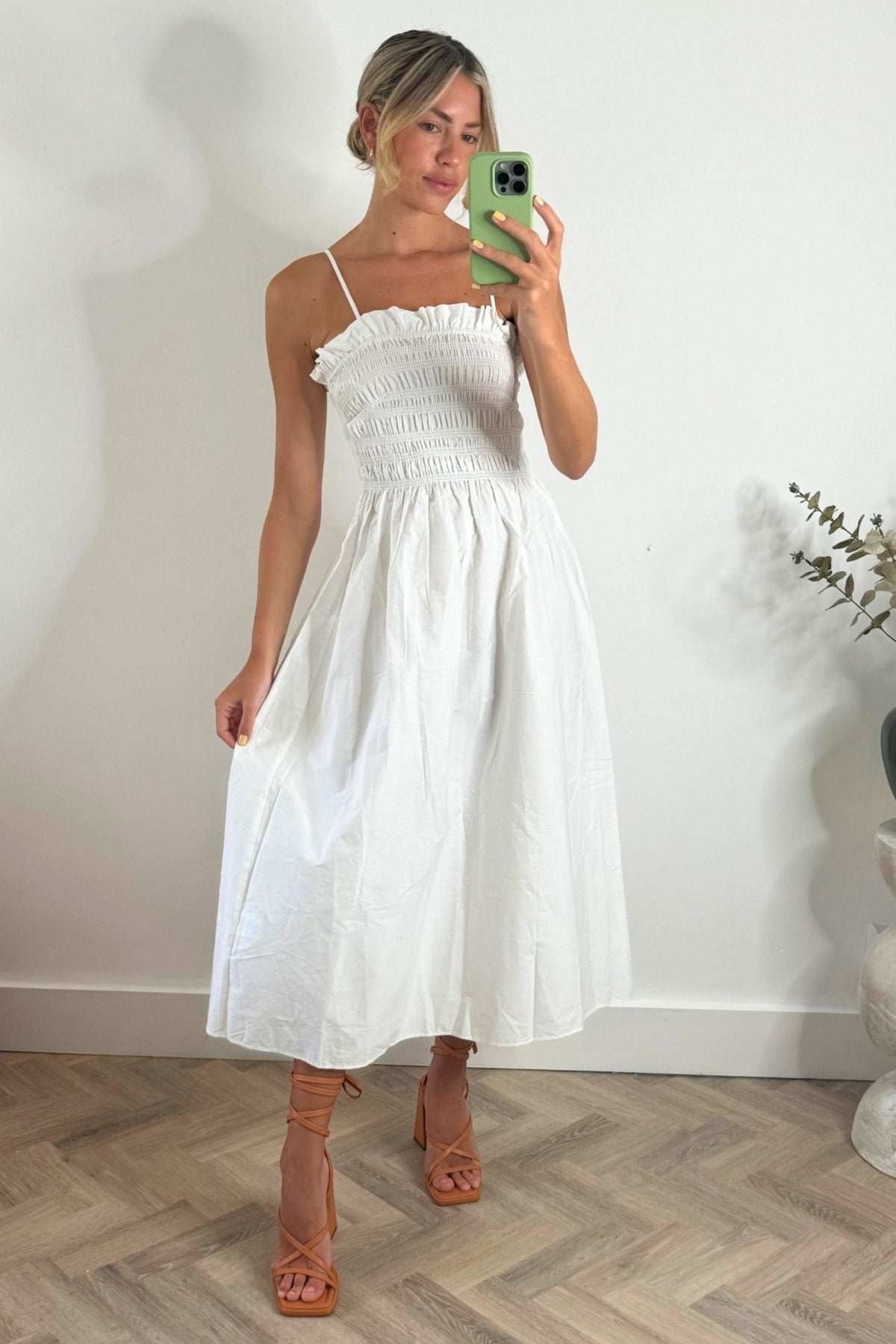 Betty Cotton Shirred Bandeau Dress in White