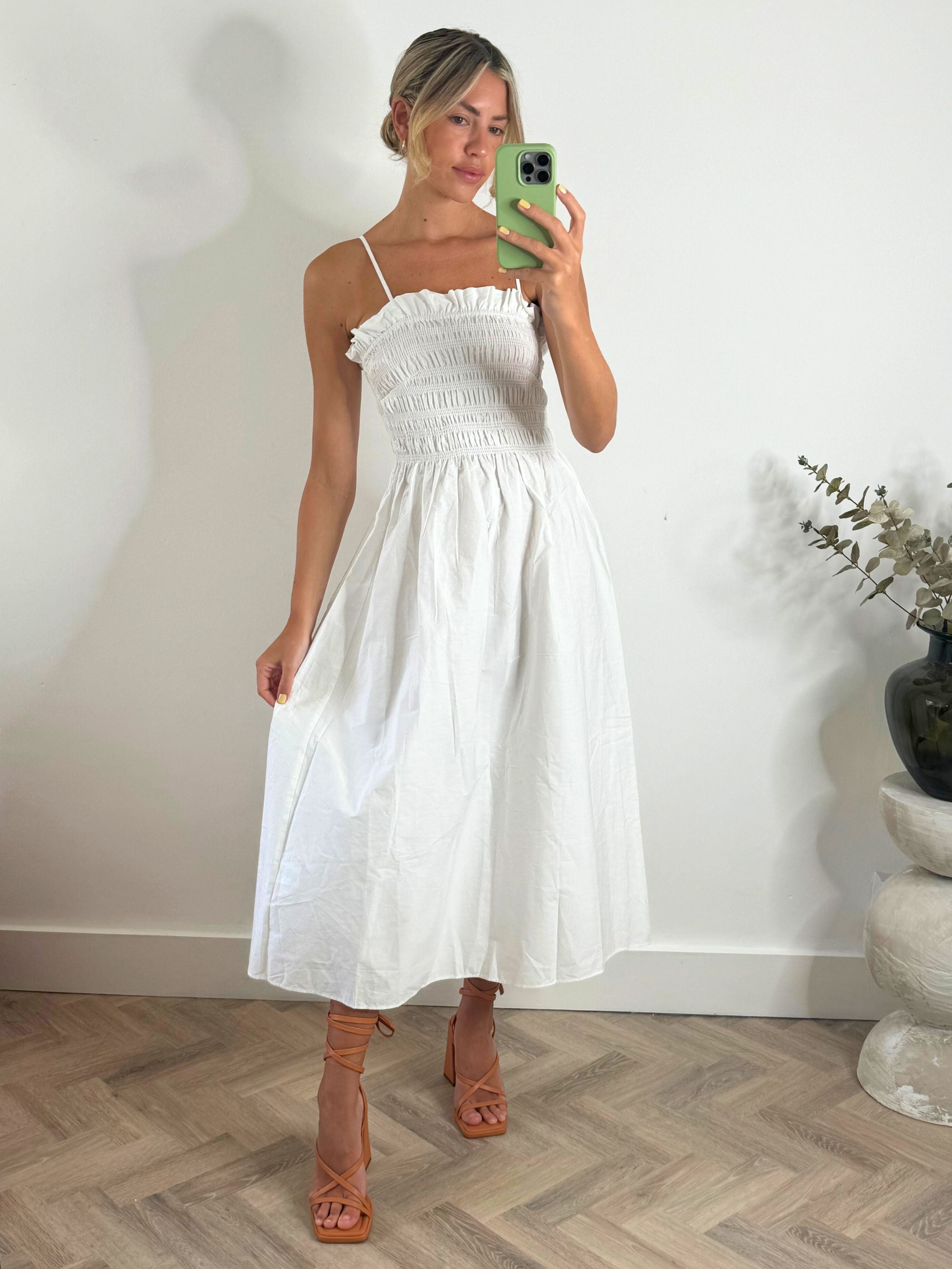 Betty Cotton Shirred Bandeau Dress / White