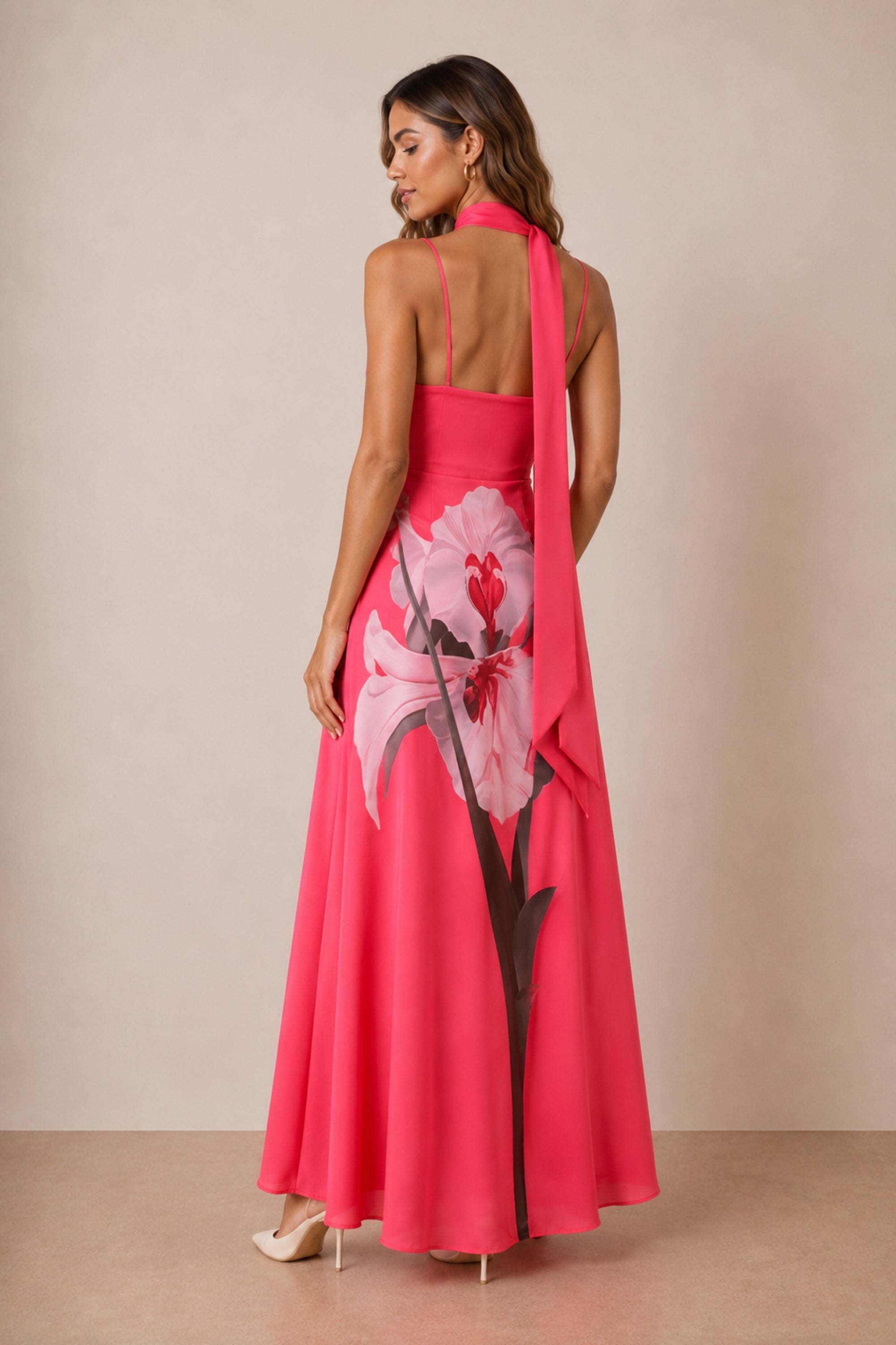 Peony Soft Chiffon Maxi Dress with Scarf in Pink
