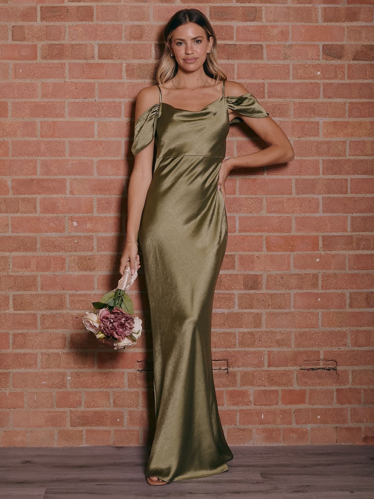 Cowl Neck Maxi Satin Bridesmaid Dress / Olive Green