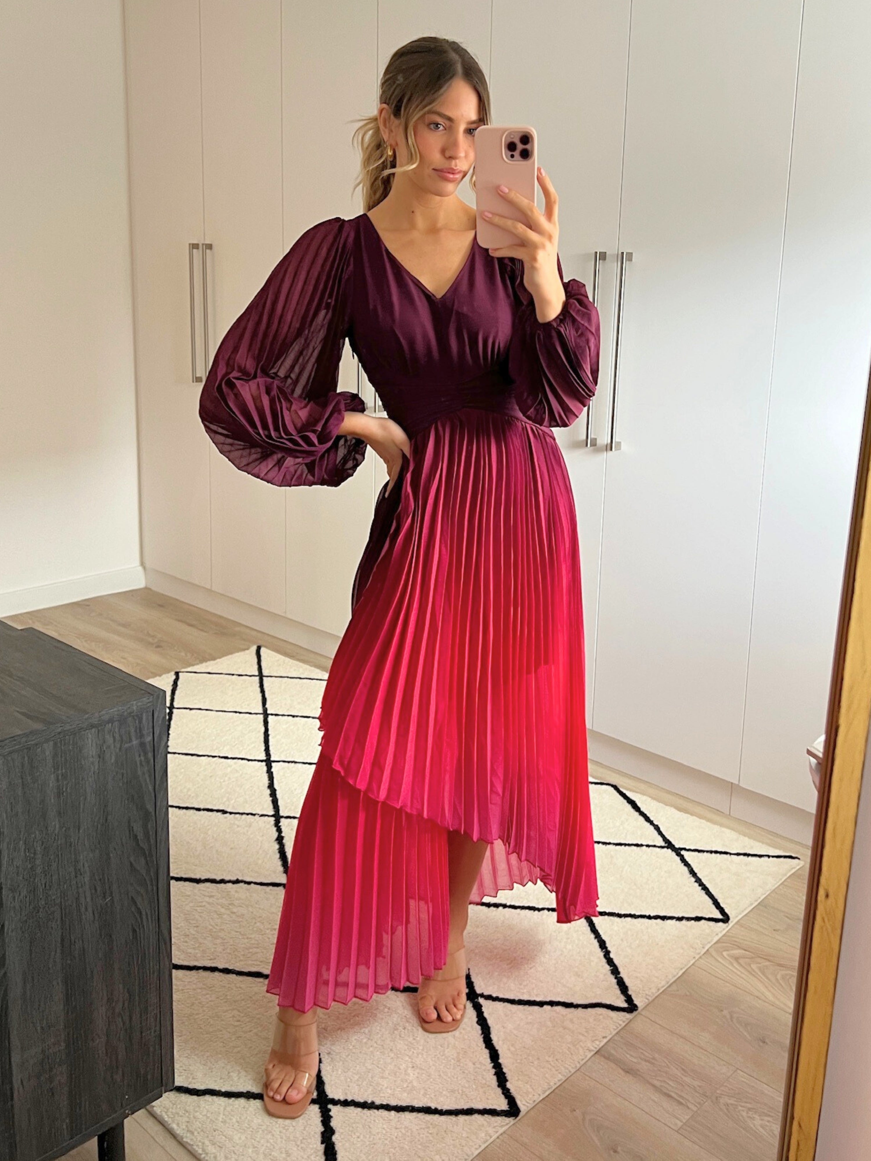 Toni Long Sleeved Pleated Maxi Dress / Mulberry & Pink Ombre