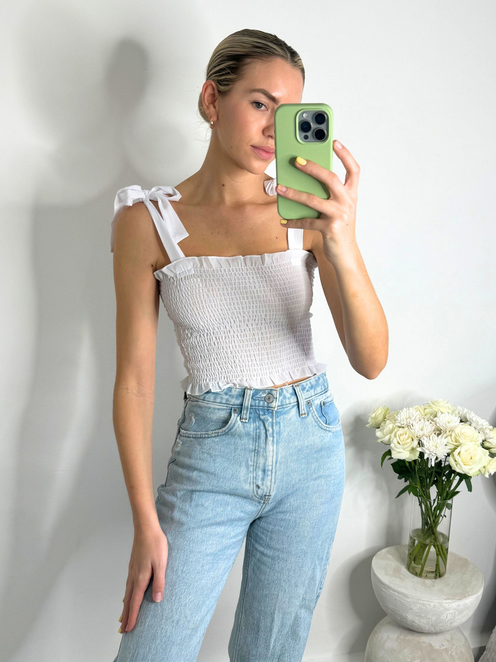 Tie Shoulder Crop Top | Sami Shirred Top in White