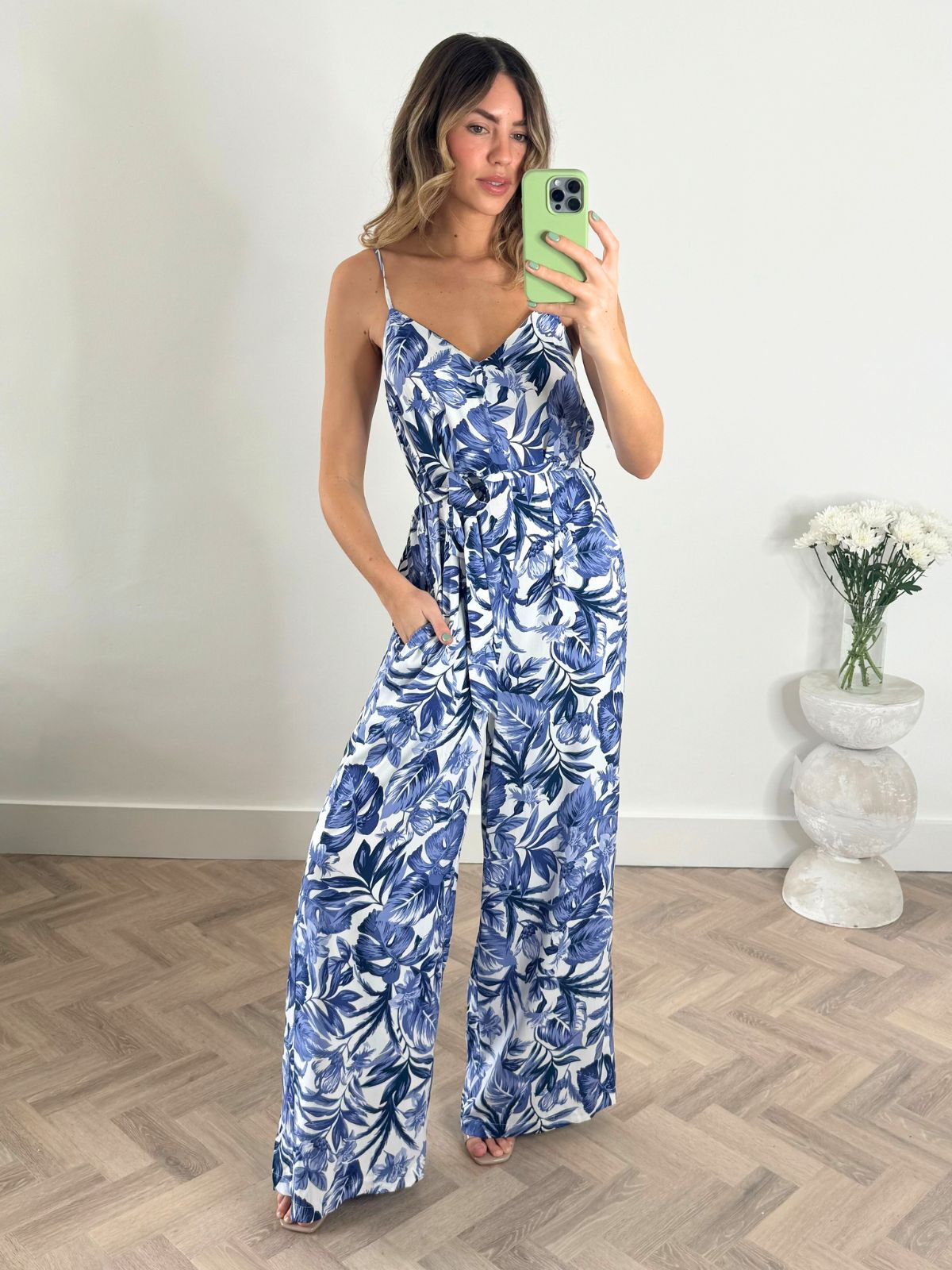 Nadia Strappy Wide Leg Jumpsuit in Blue Palm Print