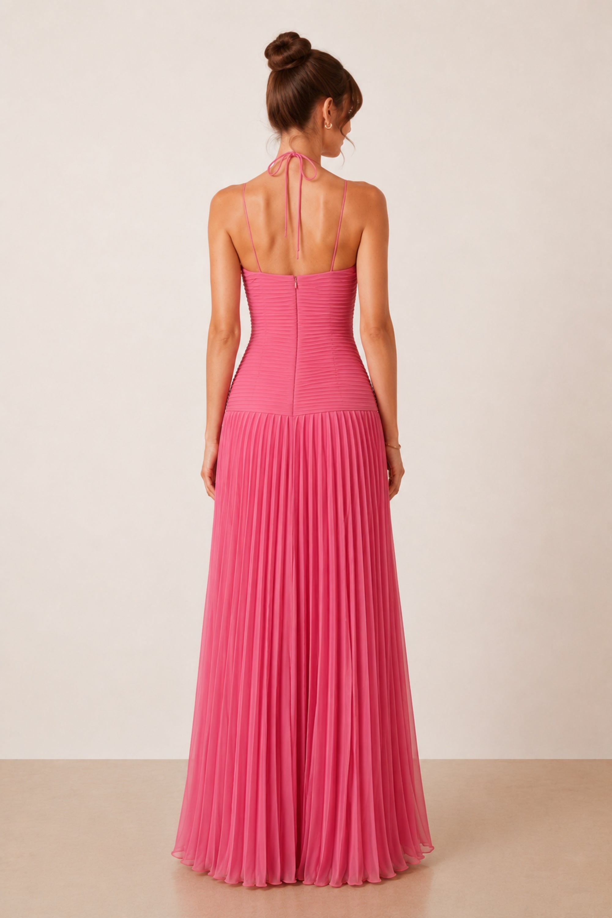 Pink Pleated Halter Maxi Dress