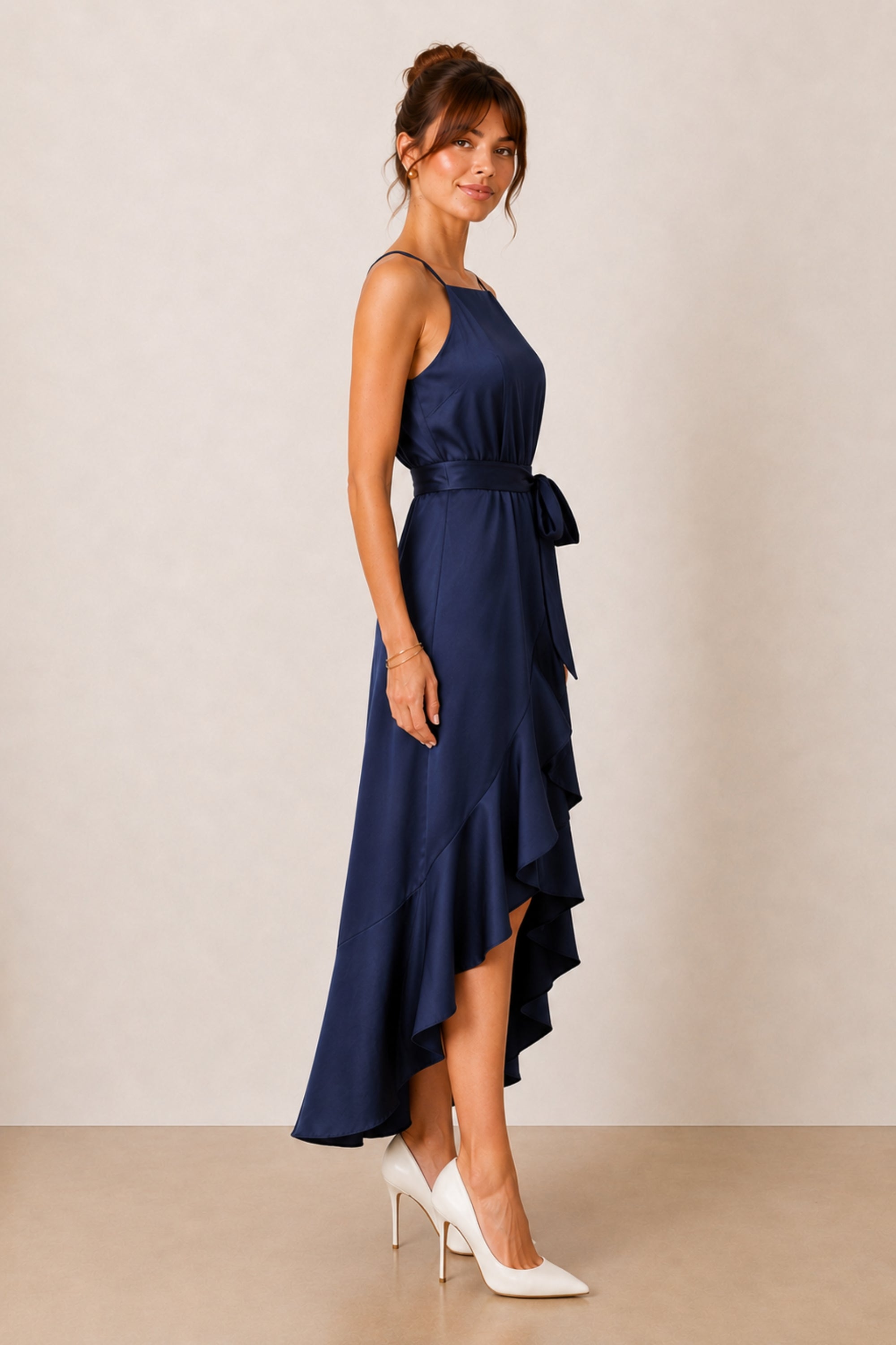 Halter Frill Satin Midi Dress / Navy
