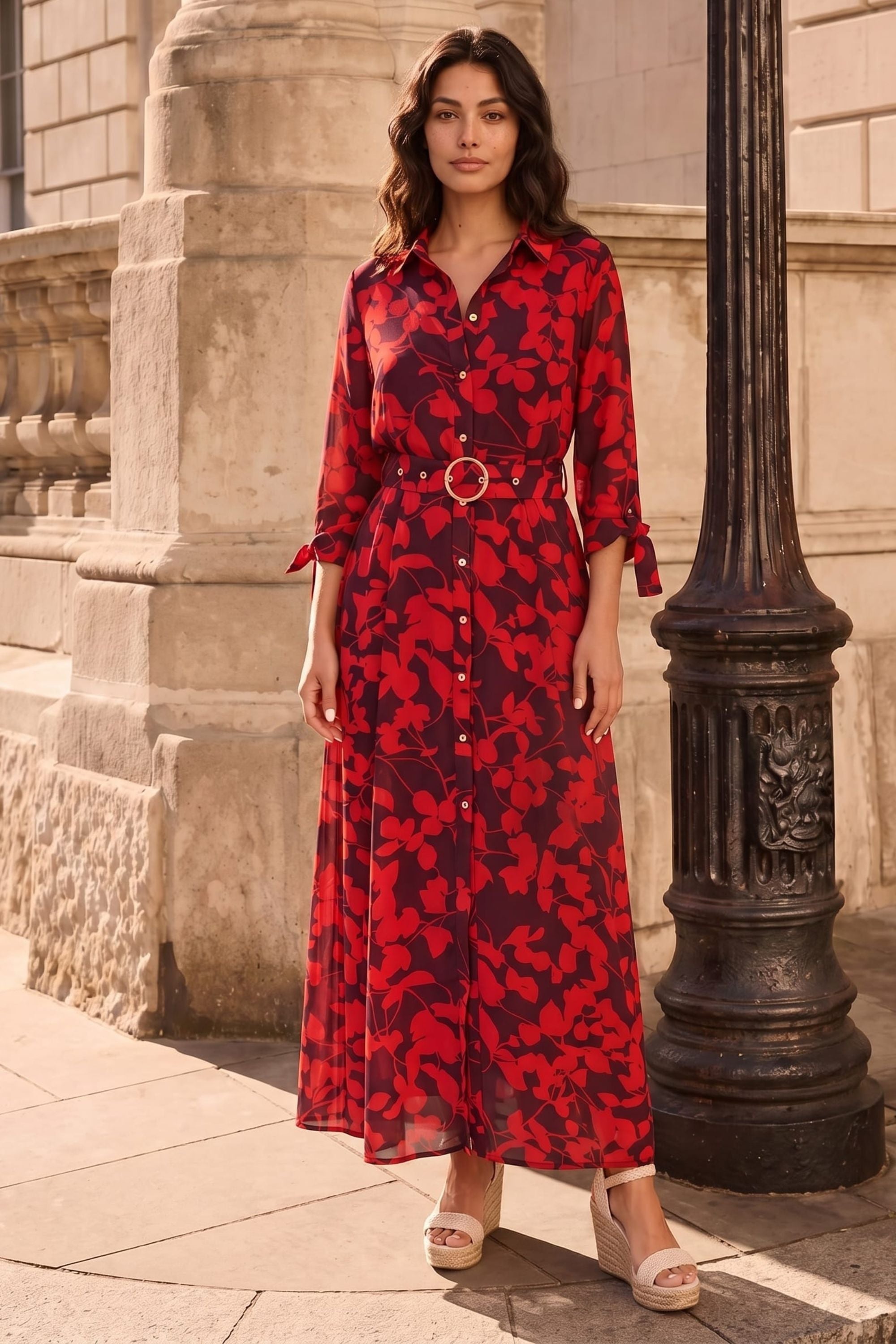 Daphne Belted Red Floral Dress