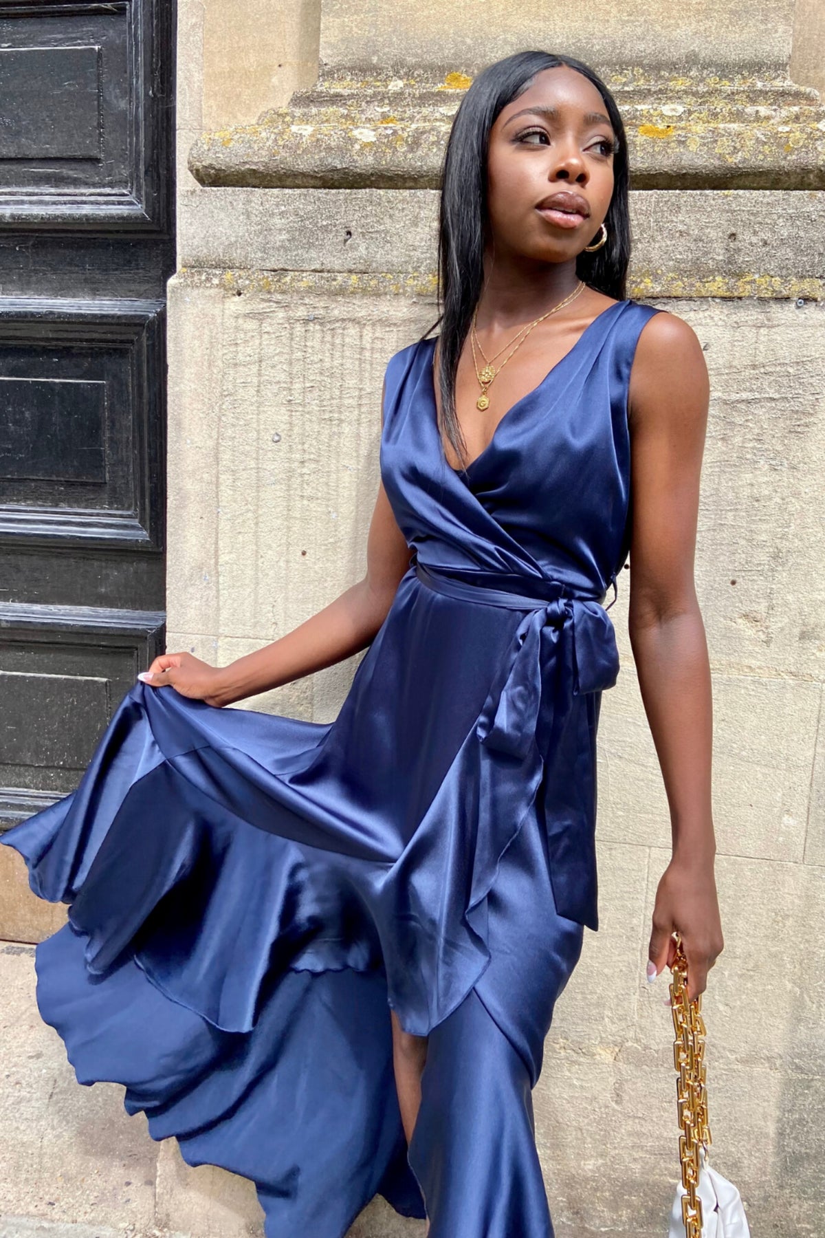 Orla Navy Satin Wrap Midi Dress