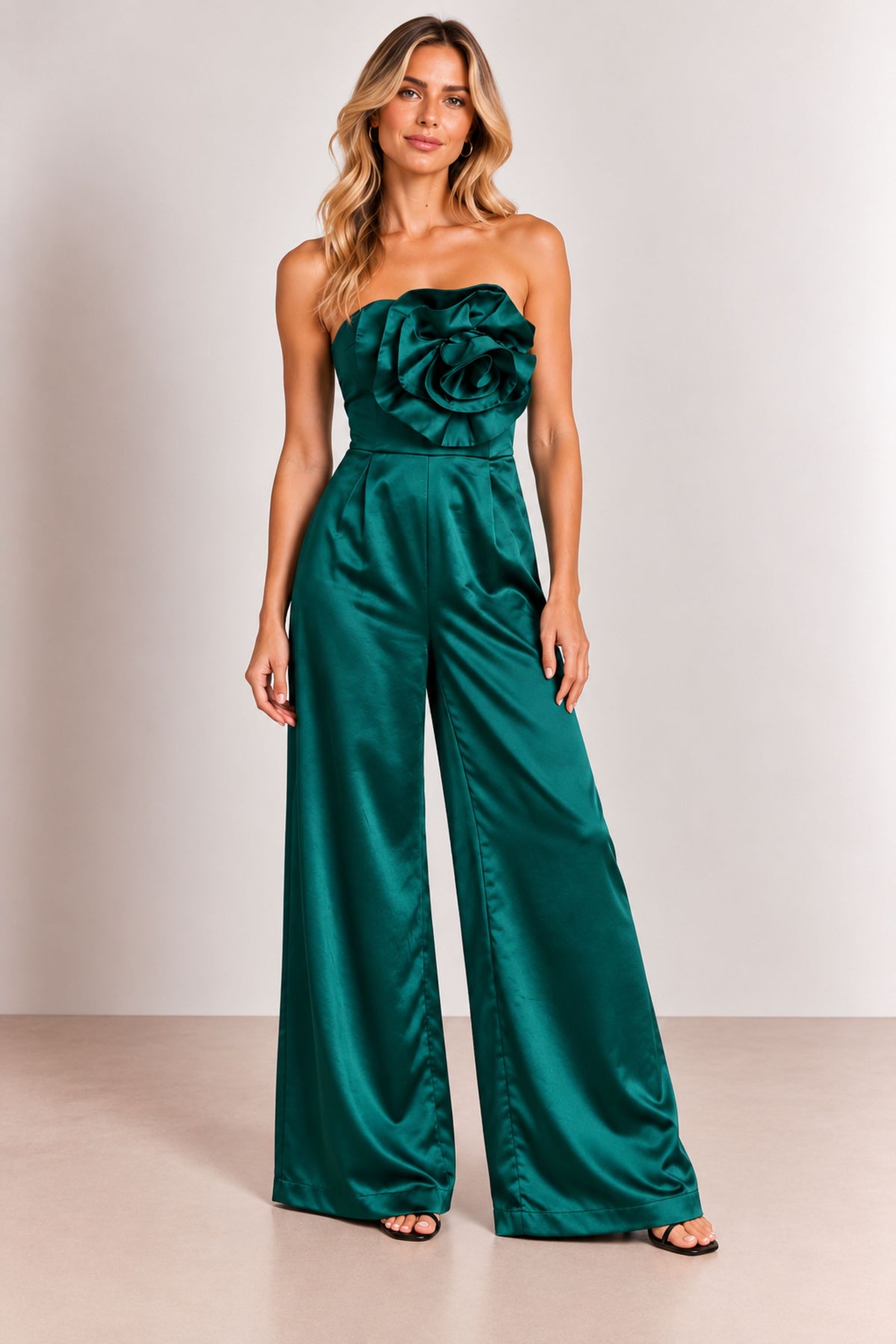 Faye Bandeau Corsage Detail Wide Leg Jumpsuit / Emerald Green