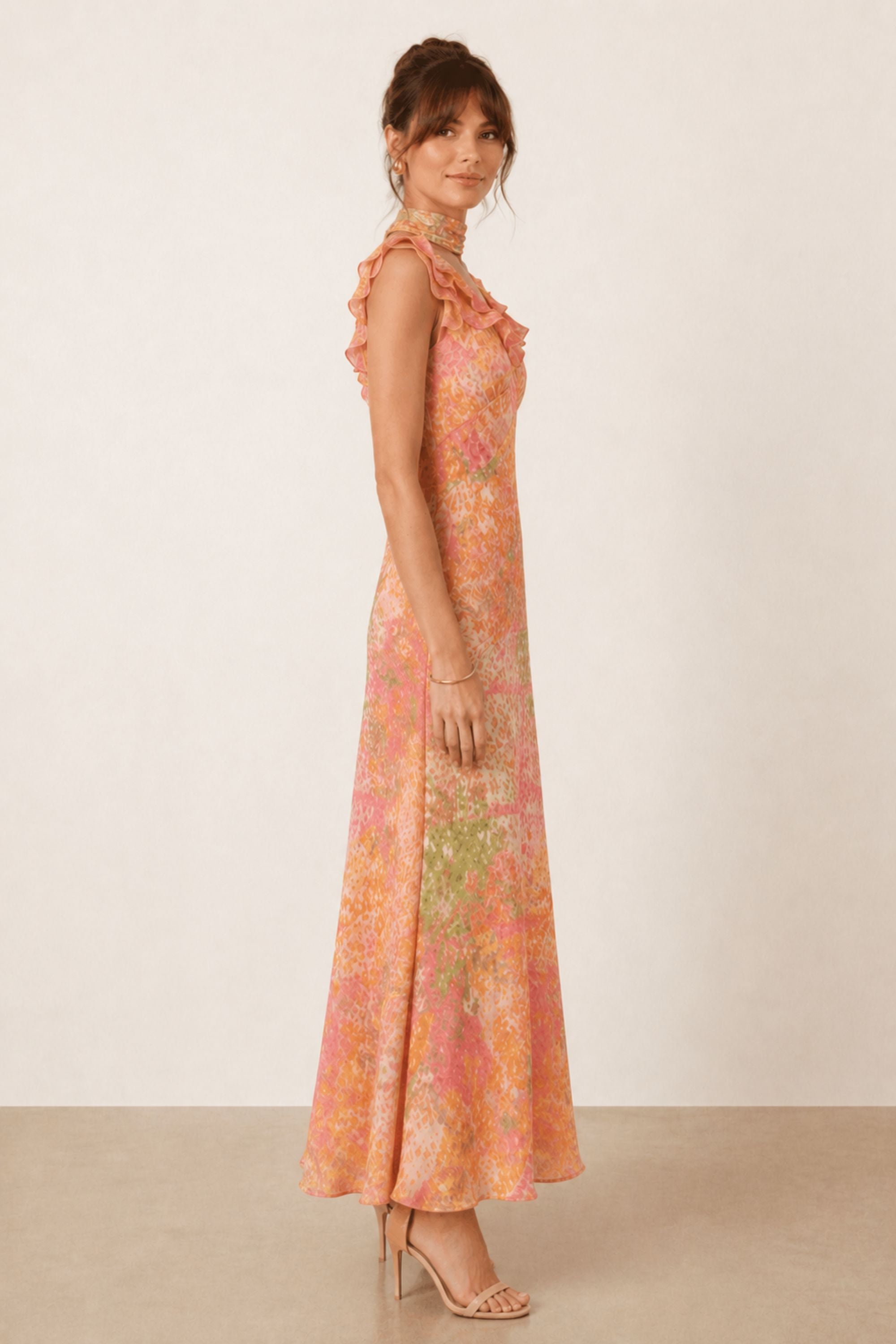 Ruffle Lurex Maxi Dress in Coral