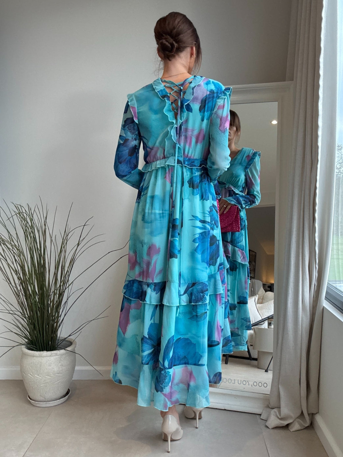 Birdie Frill Tie Back Dress / Blue Floral