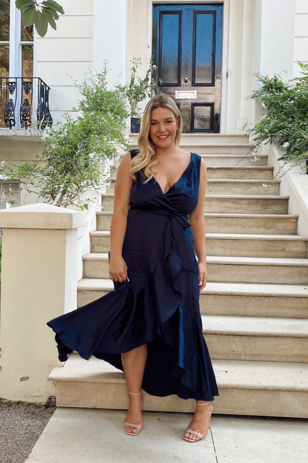 Orla Navy Satin Wrap Midi Dress