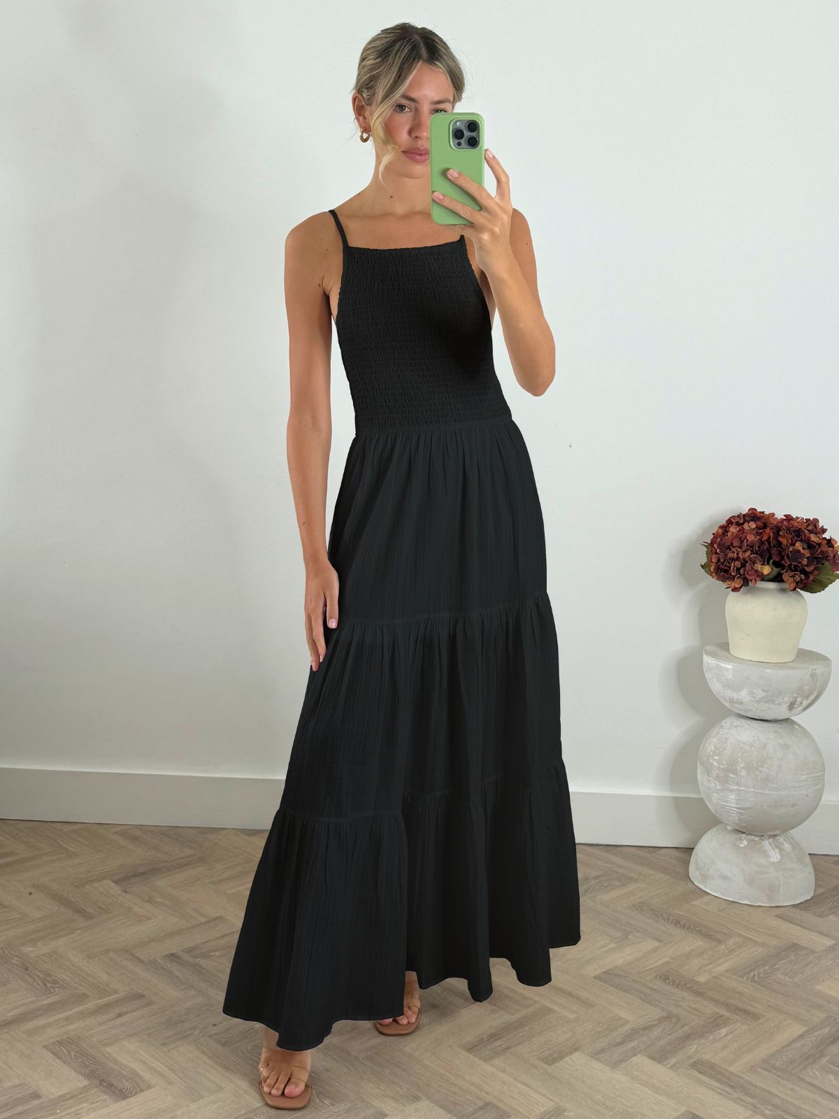 Melissa Shirred Maxi Dress in Black