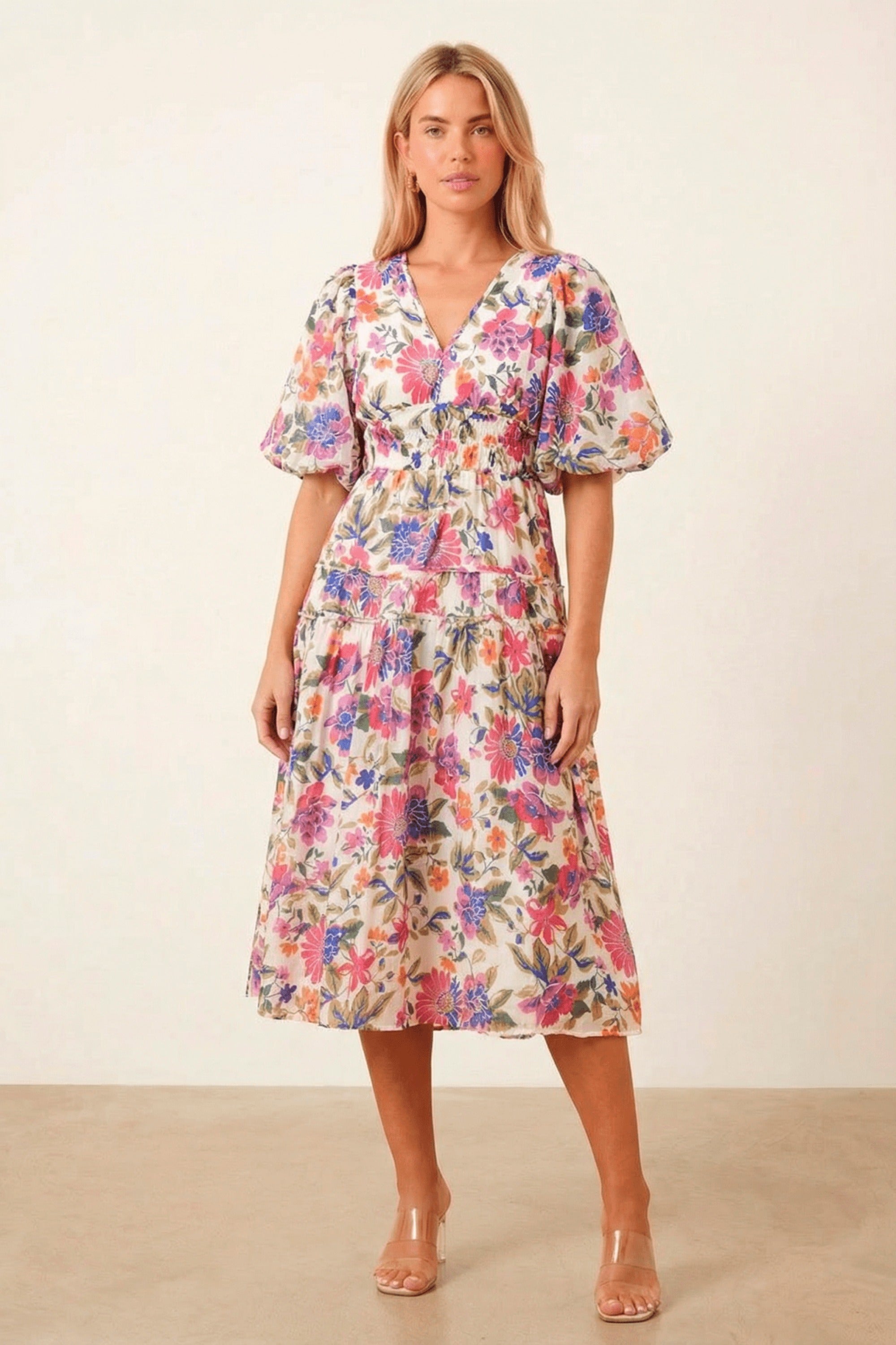 Puff Sleeve V Neck Midi Dress - Style Cheat