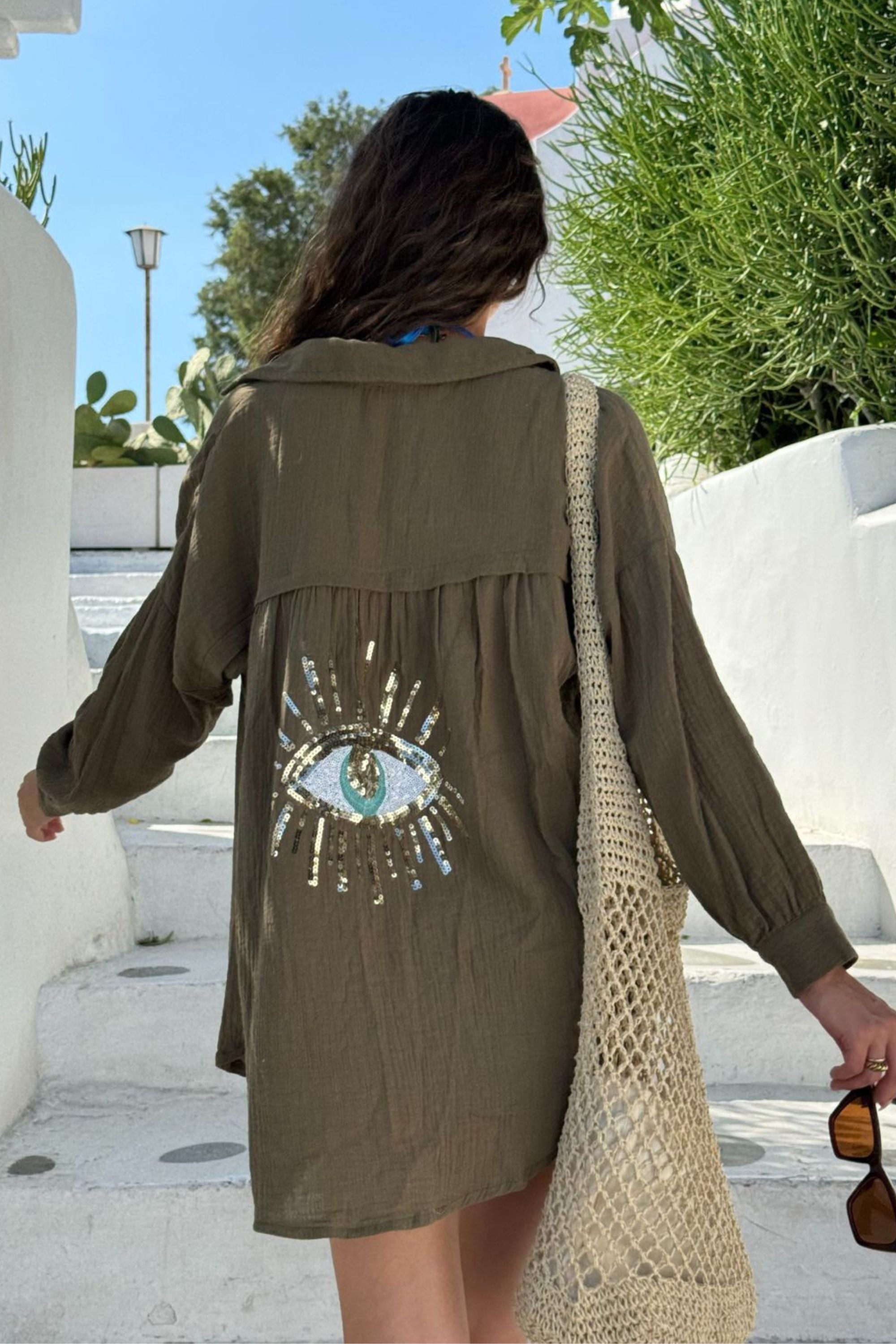 Cleo Eye Sequin Back Beach Shirt / Khaki