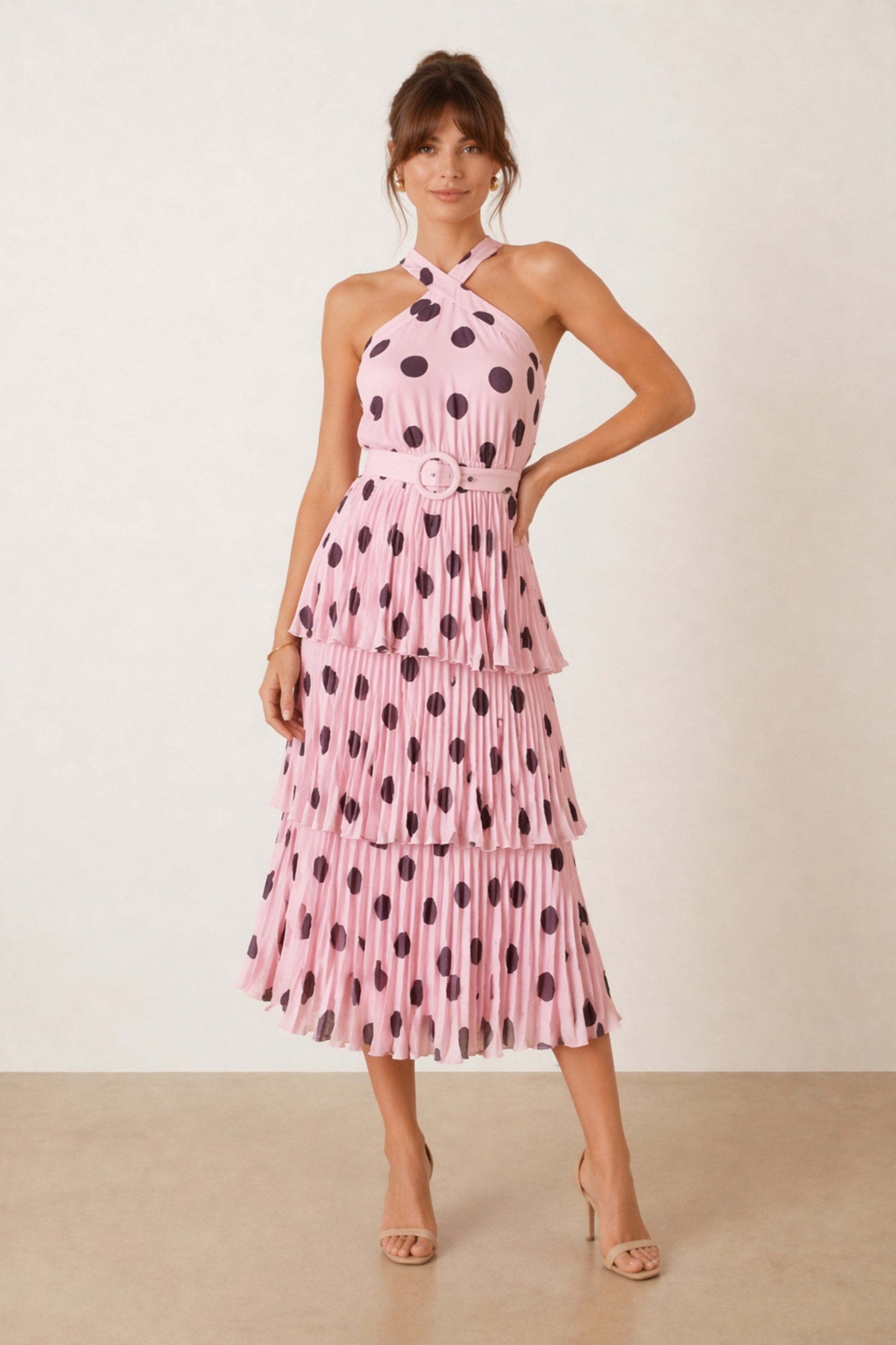 Paige Halter tiered Pleated Belted Dress / Pink Polka Dot