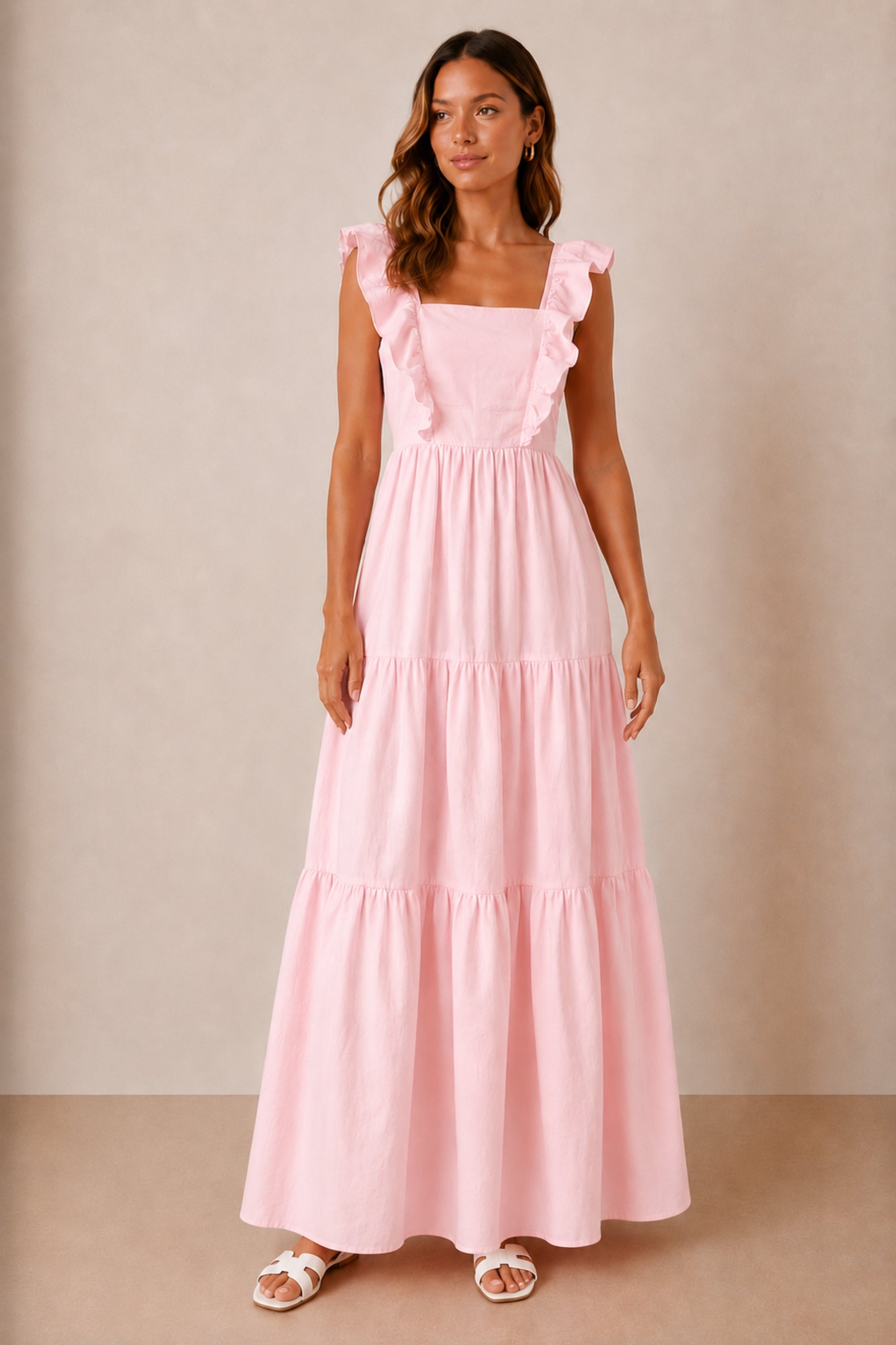 Mollie Cotton Ruffle Tiered Midi Dress /  Pink