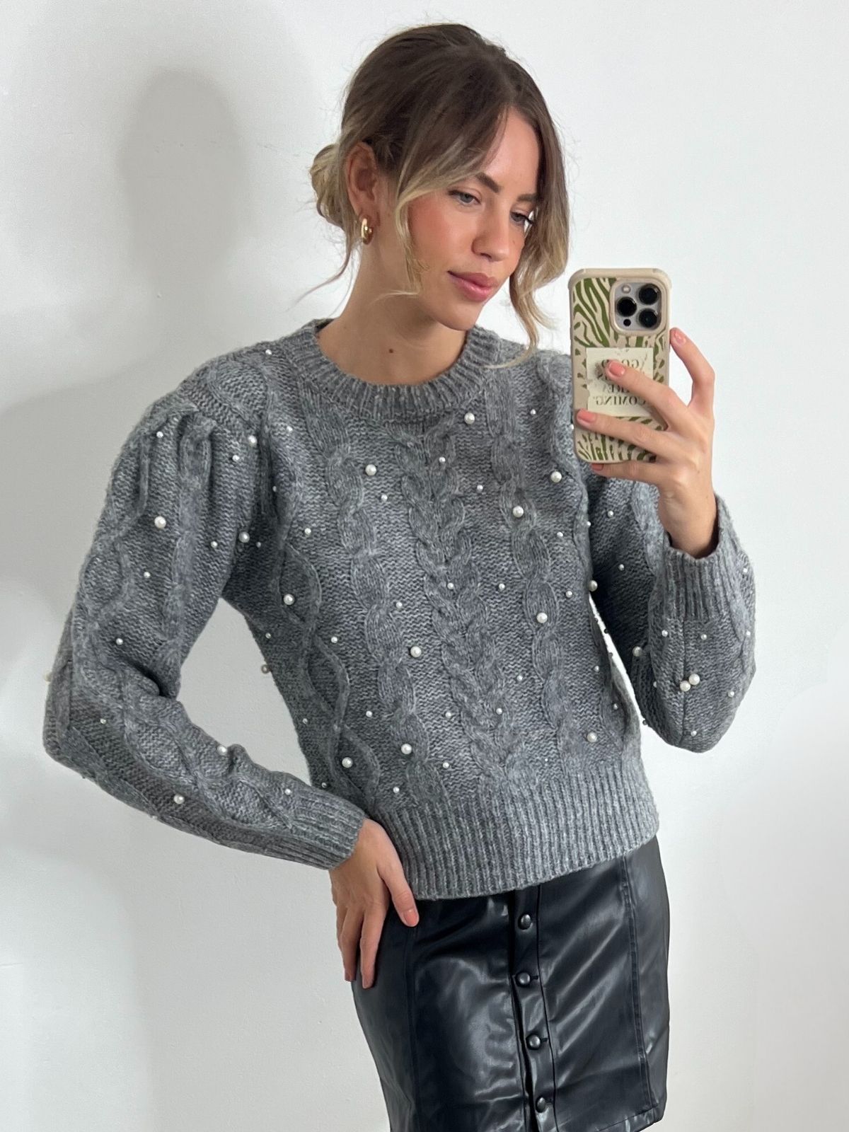 Grey Jumper with Pearls | Ivanna Chunky Cable Knit Jumper