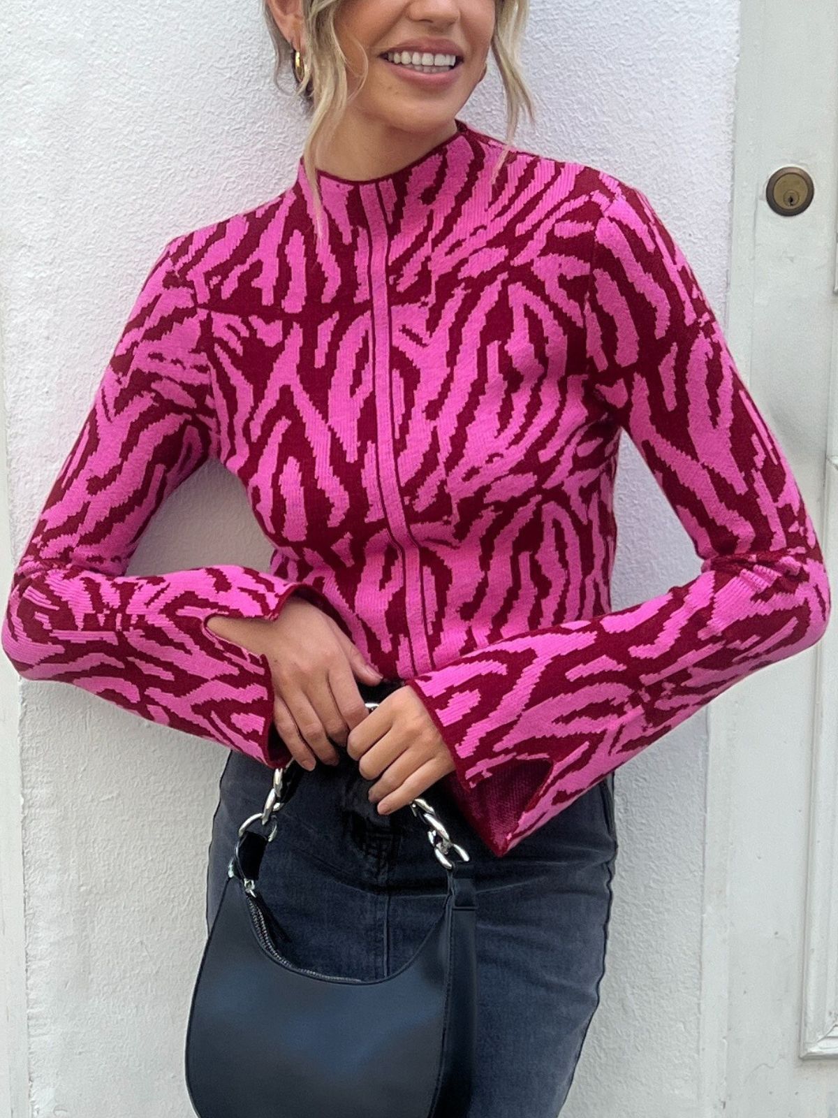 Zaria Zebra Jacquard High Neck Top / Pink
