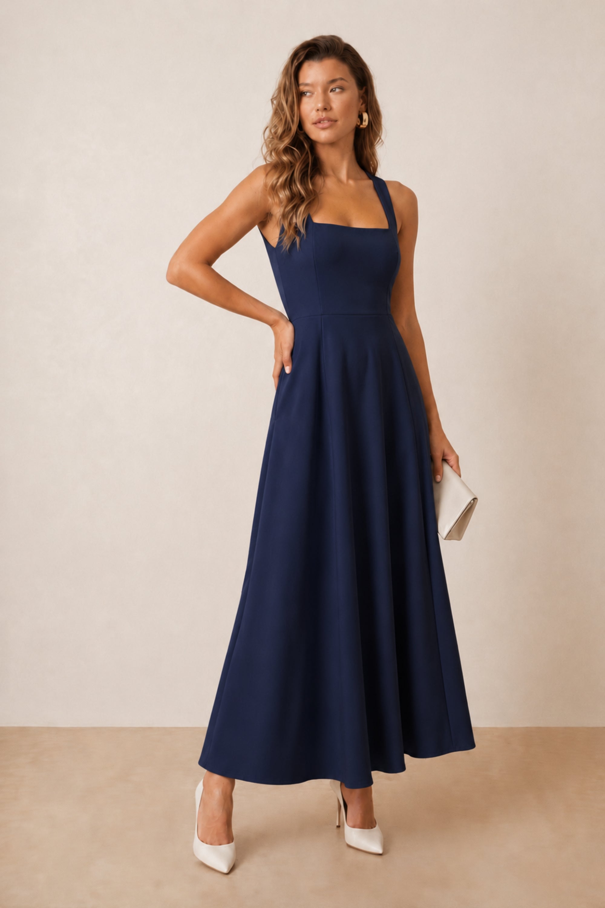 Navy Fit and Flare Midi Dress