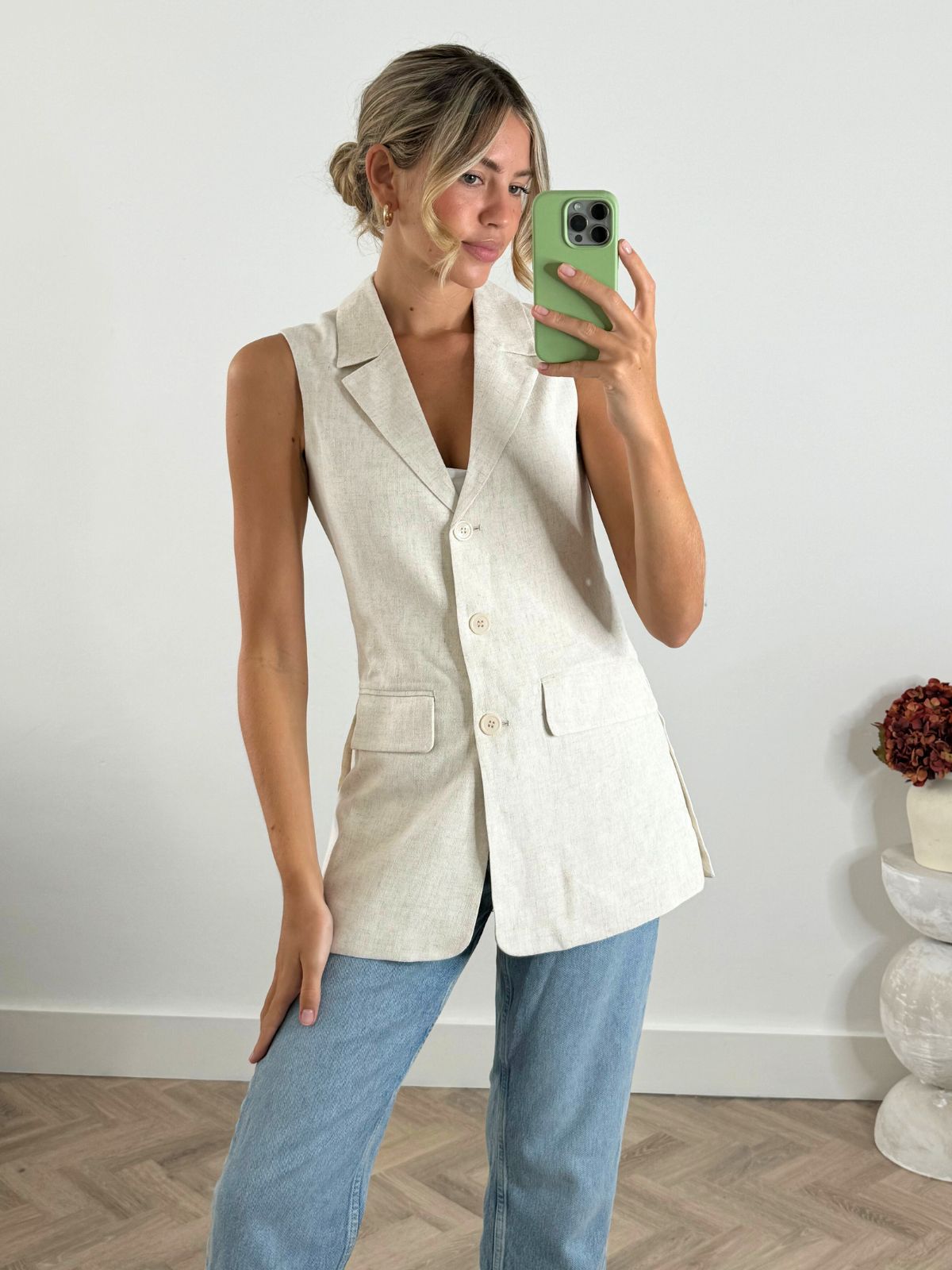 Linen Sleeveless Blazer | Claire Blazer in Neutral Linen