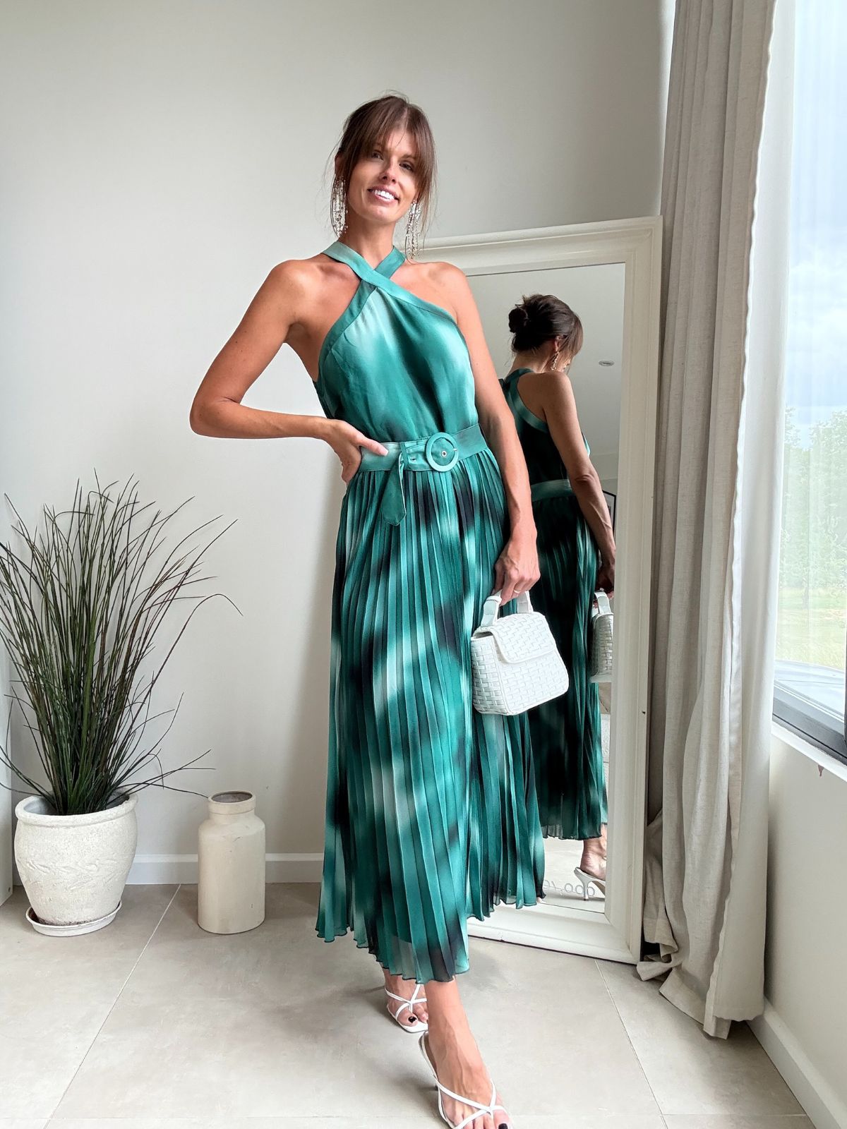 Paige Halter Pleated Belted Dress / Green Print