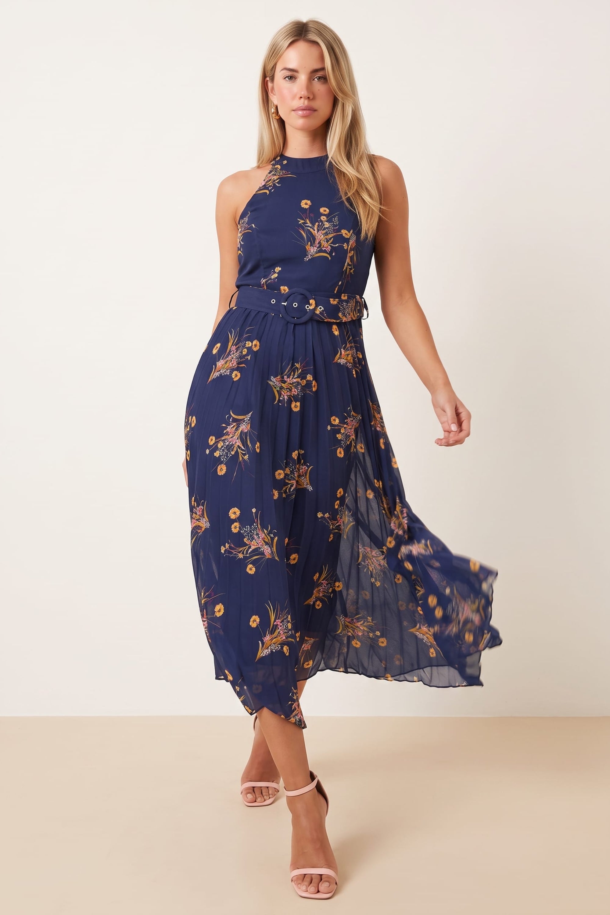 Luisa Belted Pleated Maxi Dress / Navy Floral Print