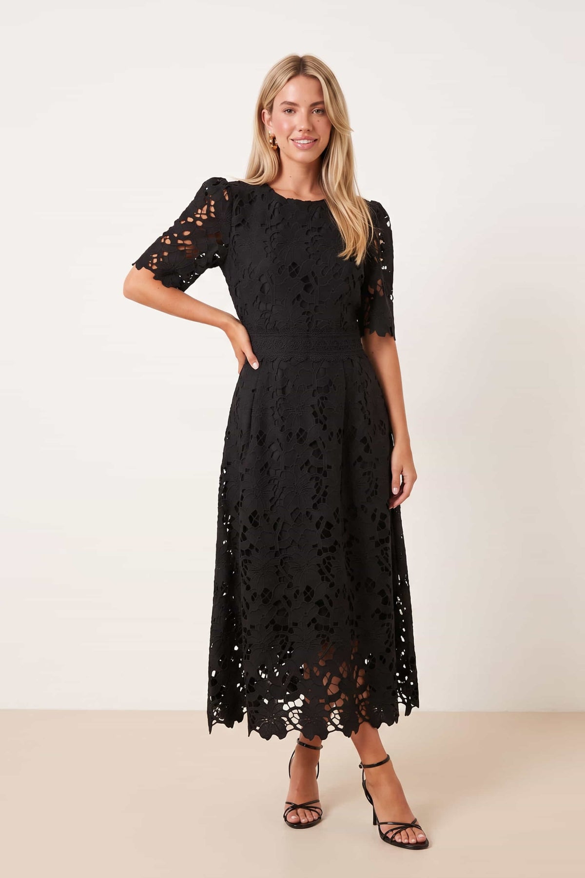 Black Broderie Lace Midi Dress