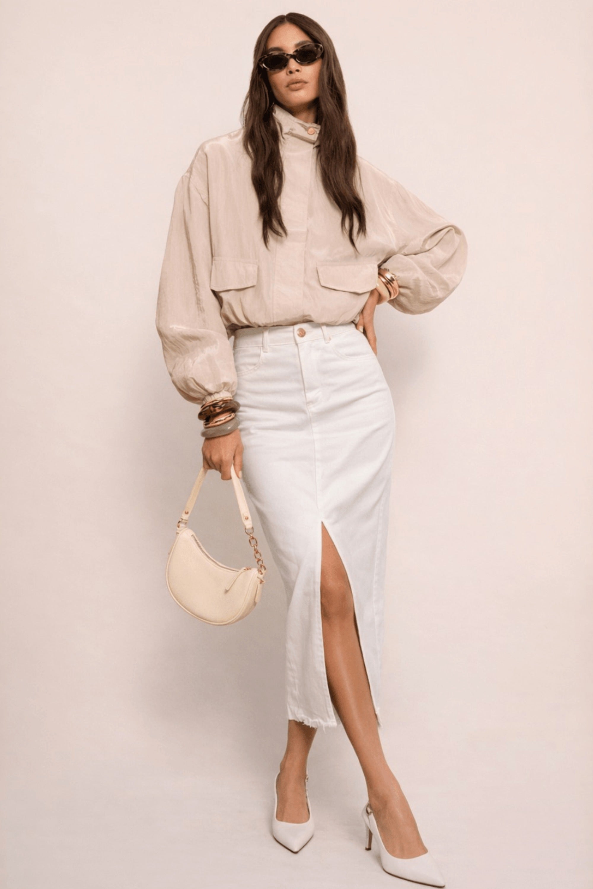Piper Midi Twill Skirt in White - Style Cheat