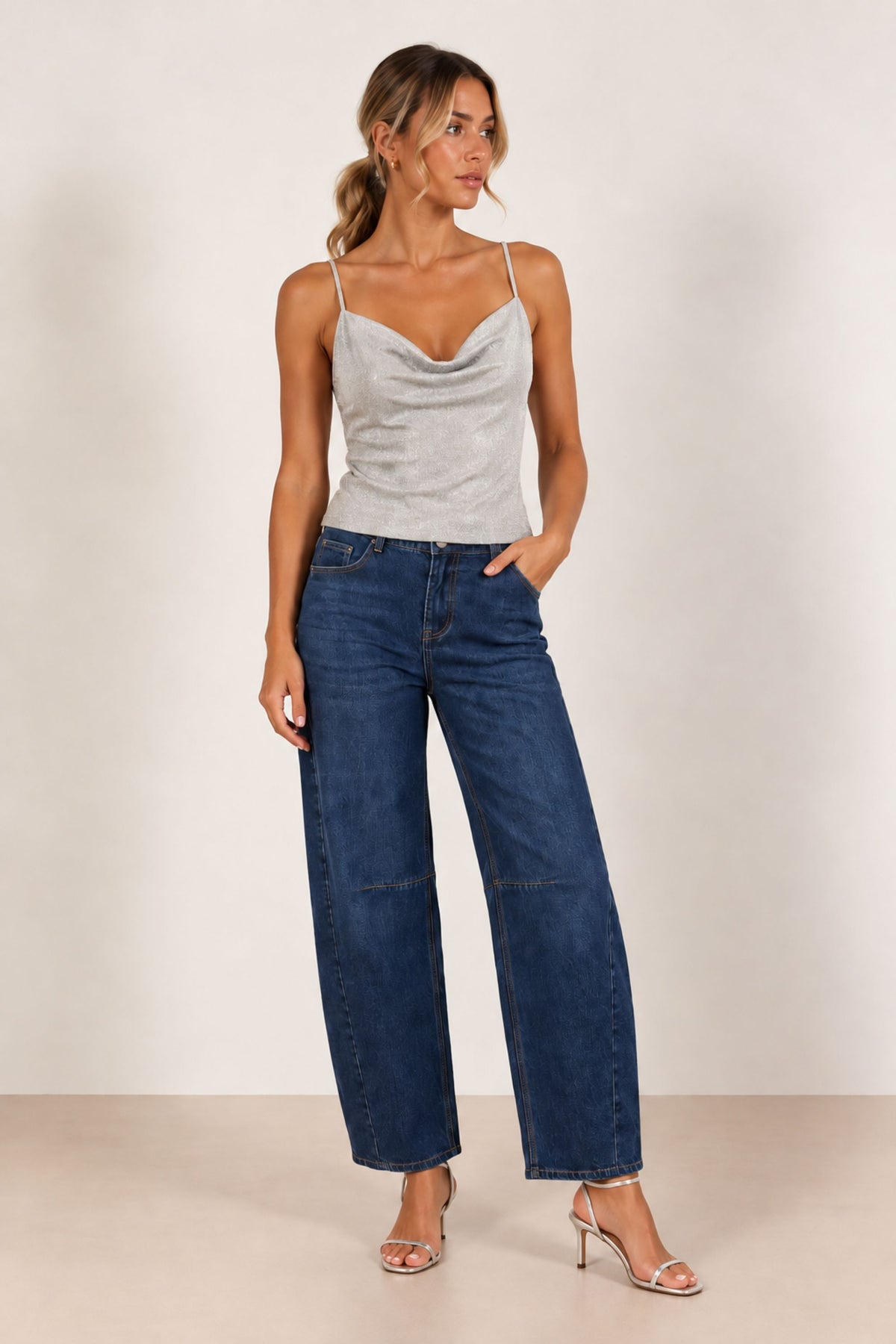 Astra Knitted Hot Fix Cowl Neck Top / Silver