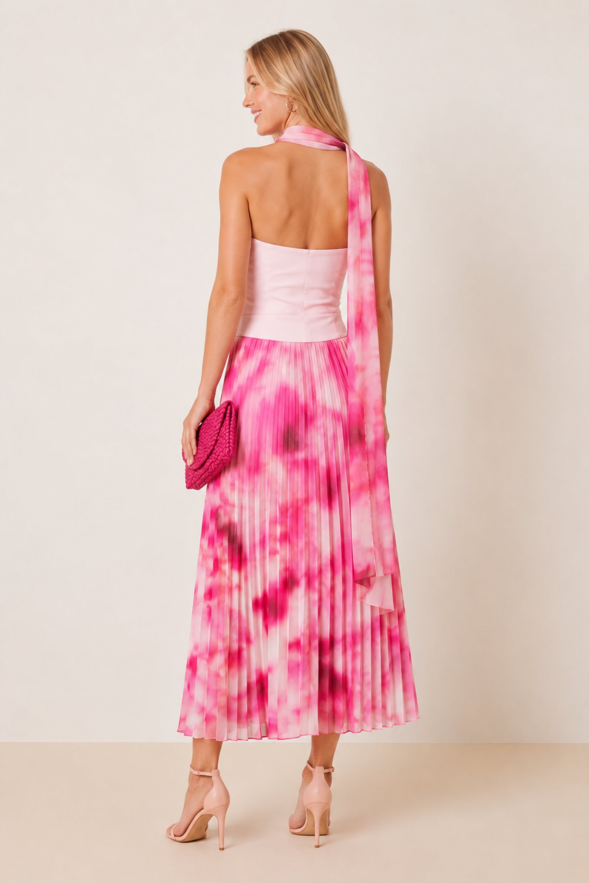 Viola Scarf Bandeau Pleat Dress in Pink