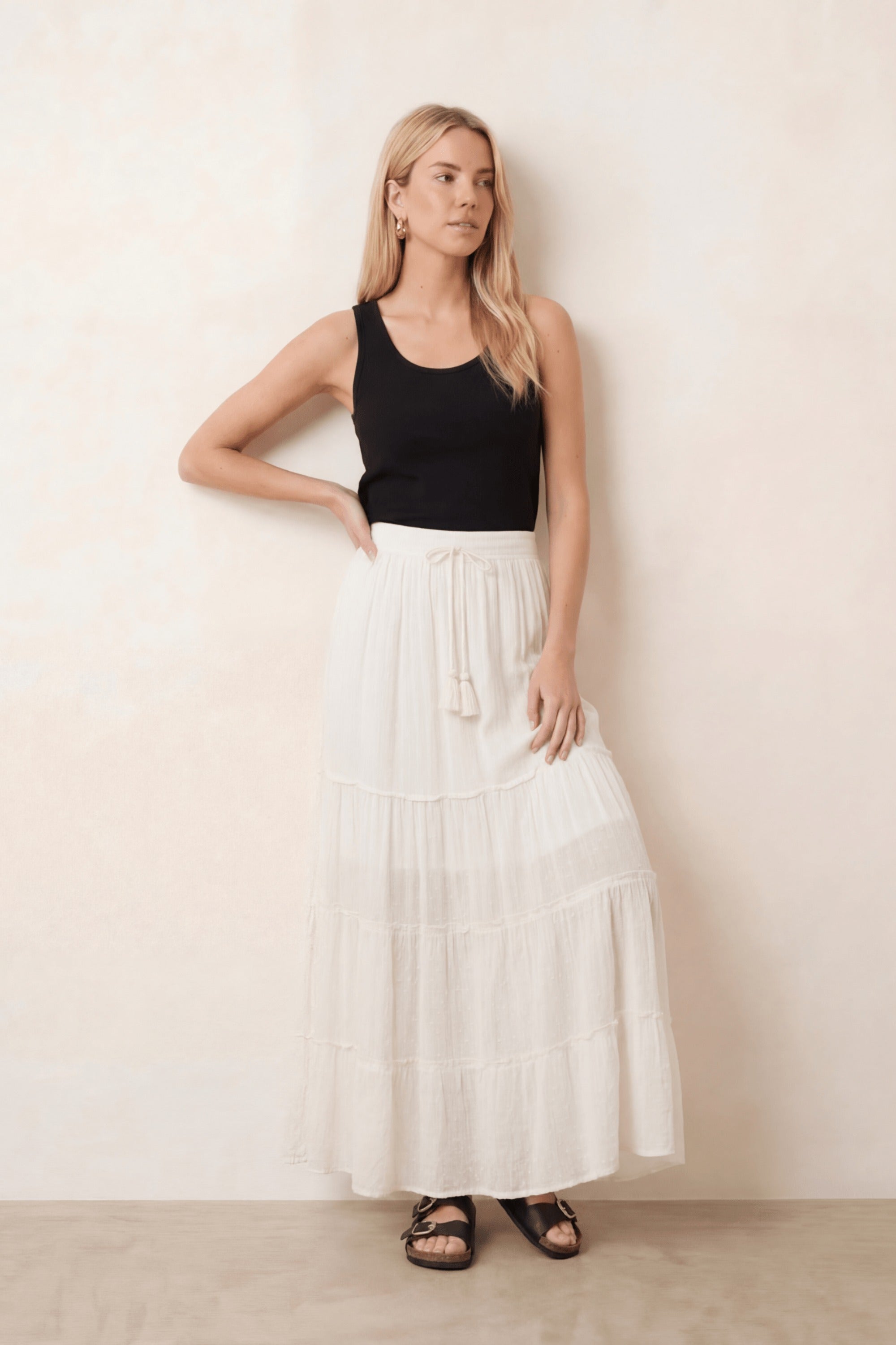 Tie Front Tiered Maxi Skirt in Cream - Style Cheat