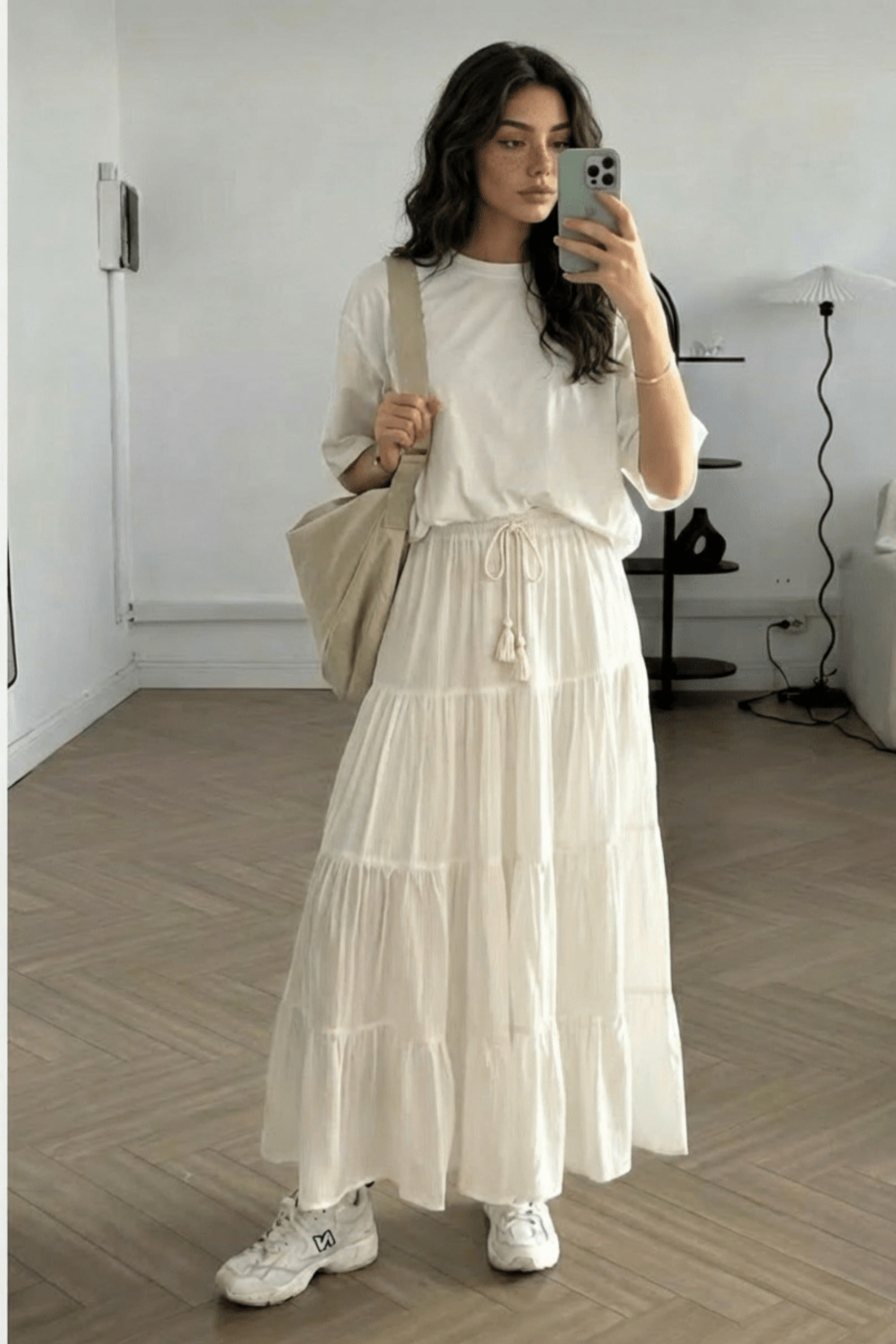 Tie Front Tiered Maxi Skirt in Cream - Style Cheat