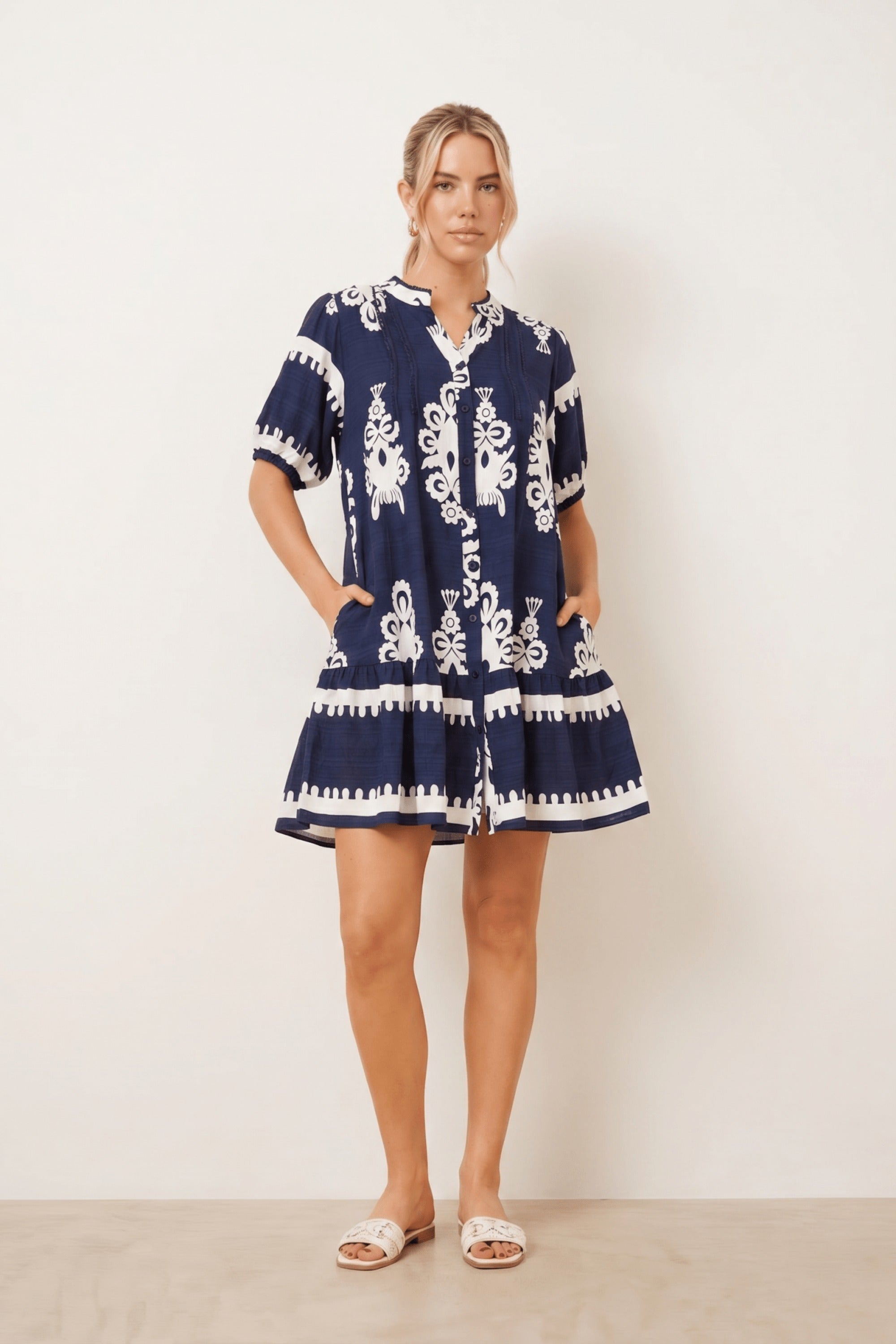 Navy and White Placement Print Mini Dress - Style Cheat